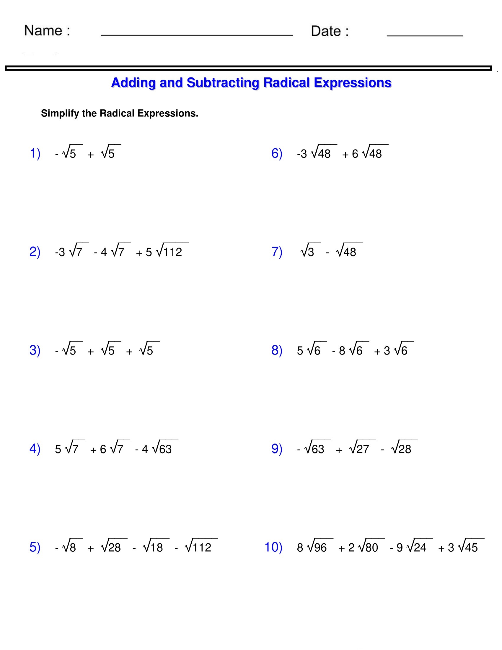 Radicals Worksheets Adding And Subtracting Radical Expressions Made By Teachers Radicals Worksheets Adding And Subtracting Radical Expressions Made By Teachers