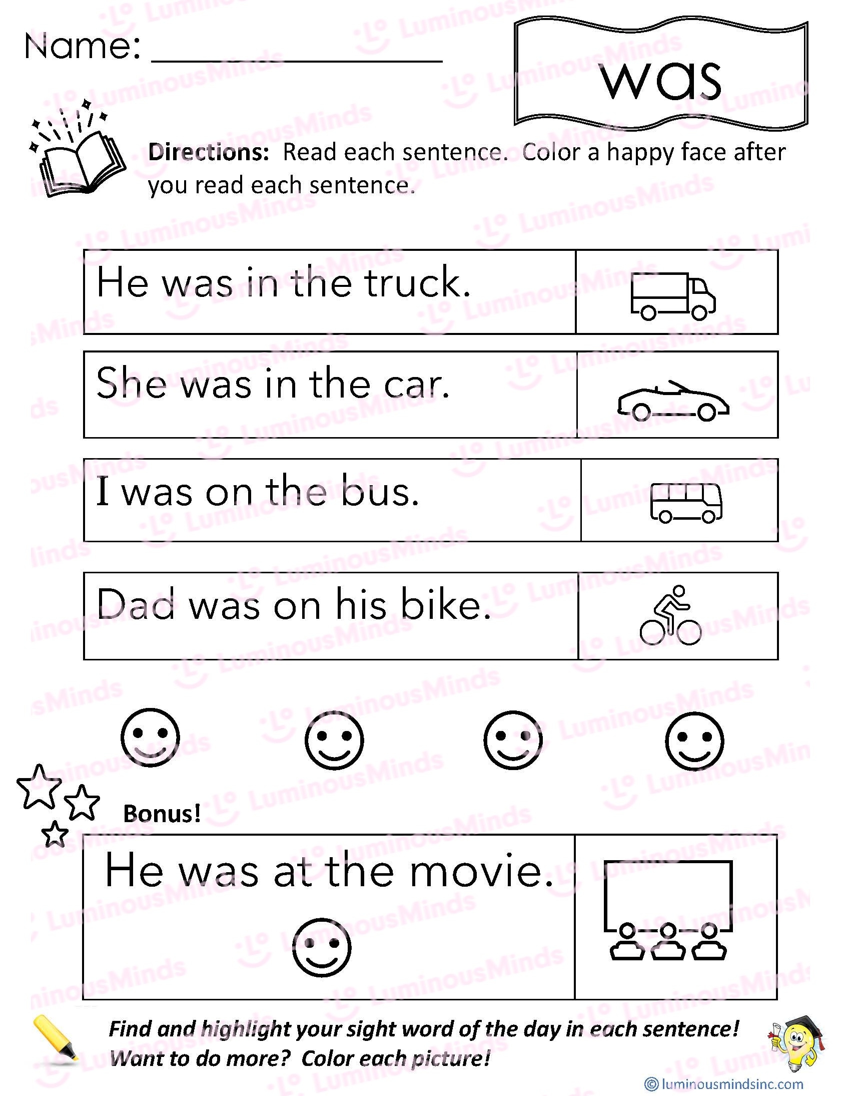 Reading Comprehension Worksheets Reading With Sight Word Was