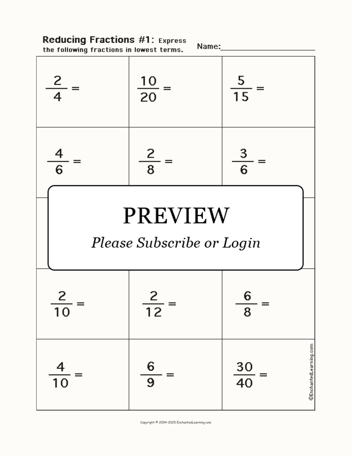 Reducing Fractions Worksheet 1 Enchanted Learning