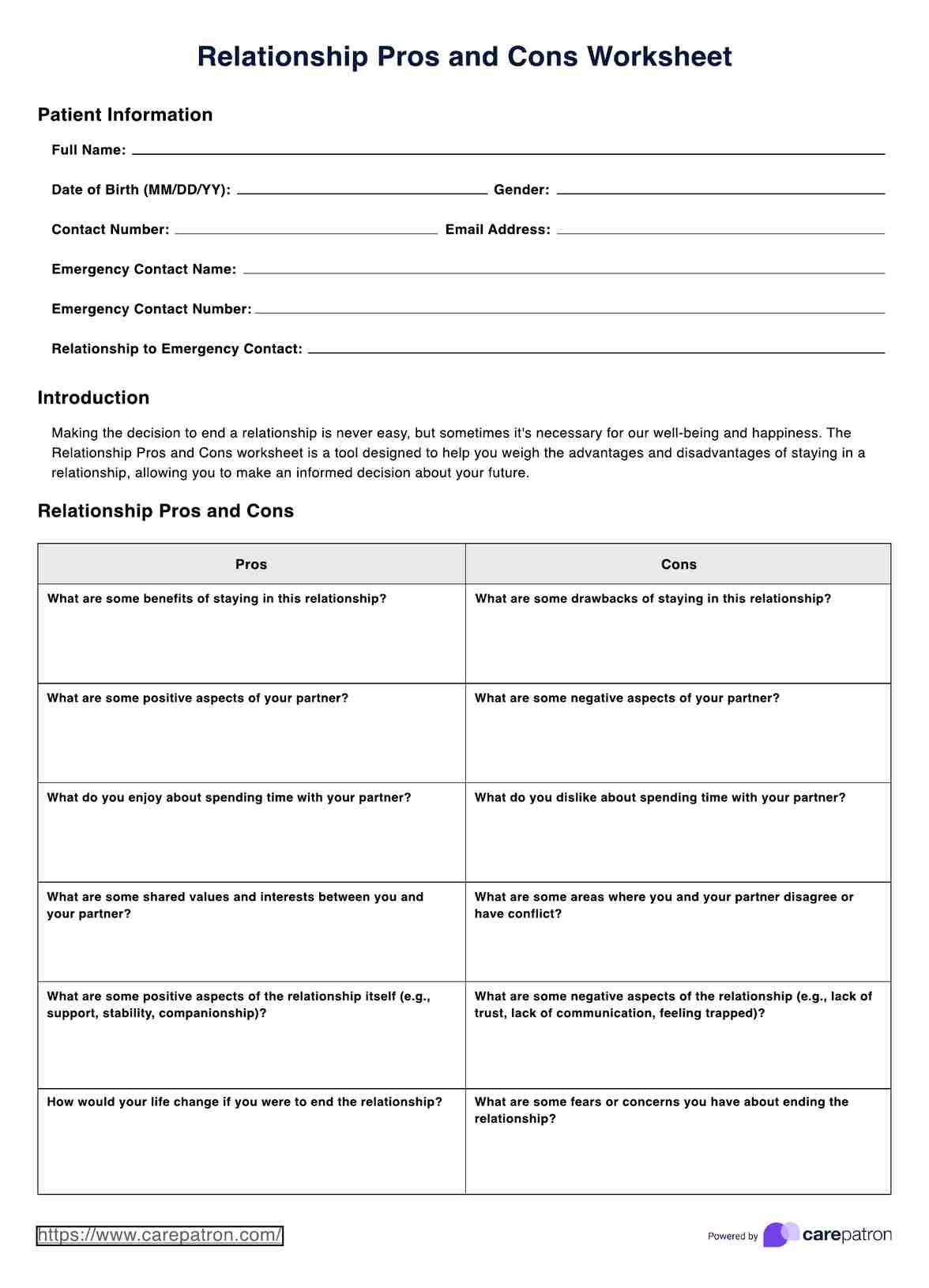 Relationship Pros And Cons Worksheet
