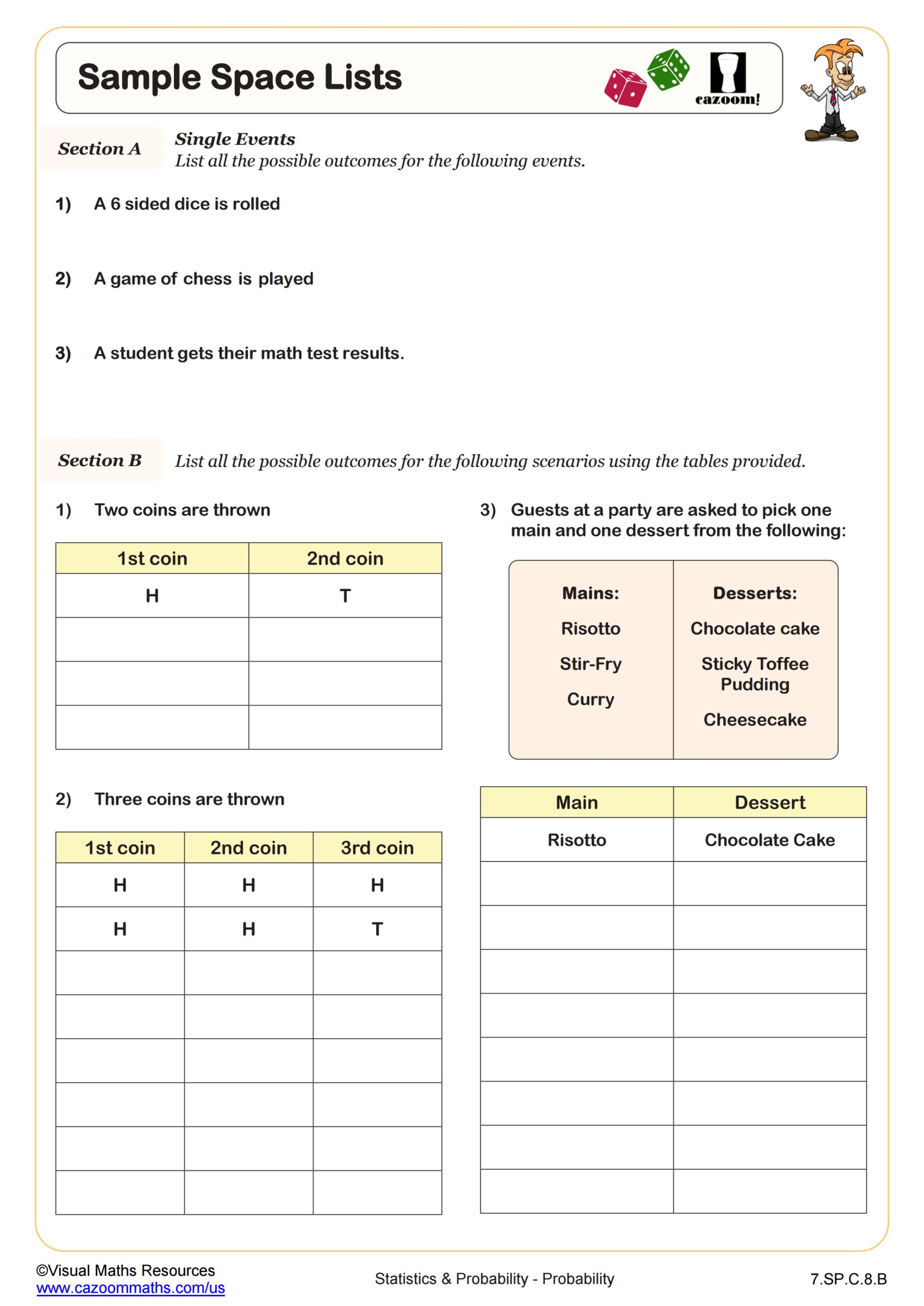 Sample Space Lists Worksheet PDF Printable Statistics Probability Worksheet Cazoom Math