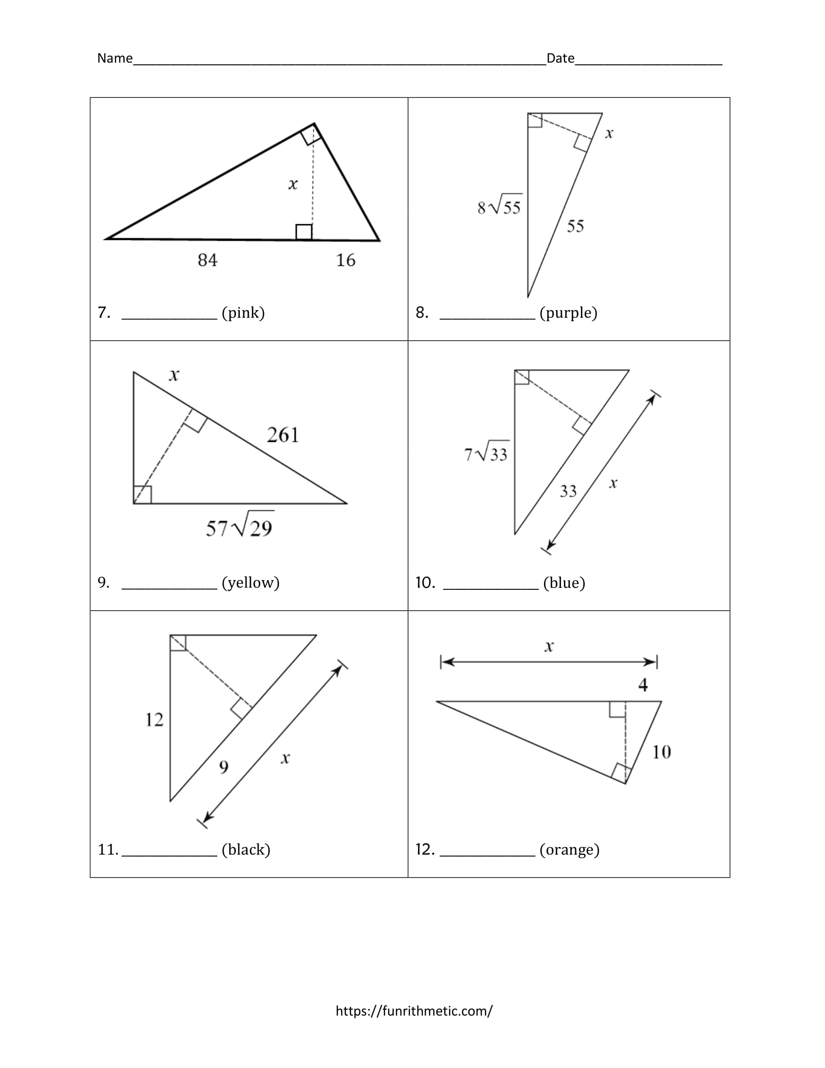 Similar Right Triangles Color By Number Funrithmetic