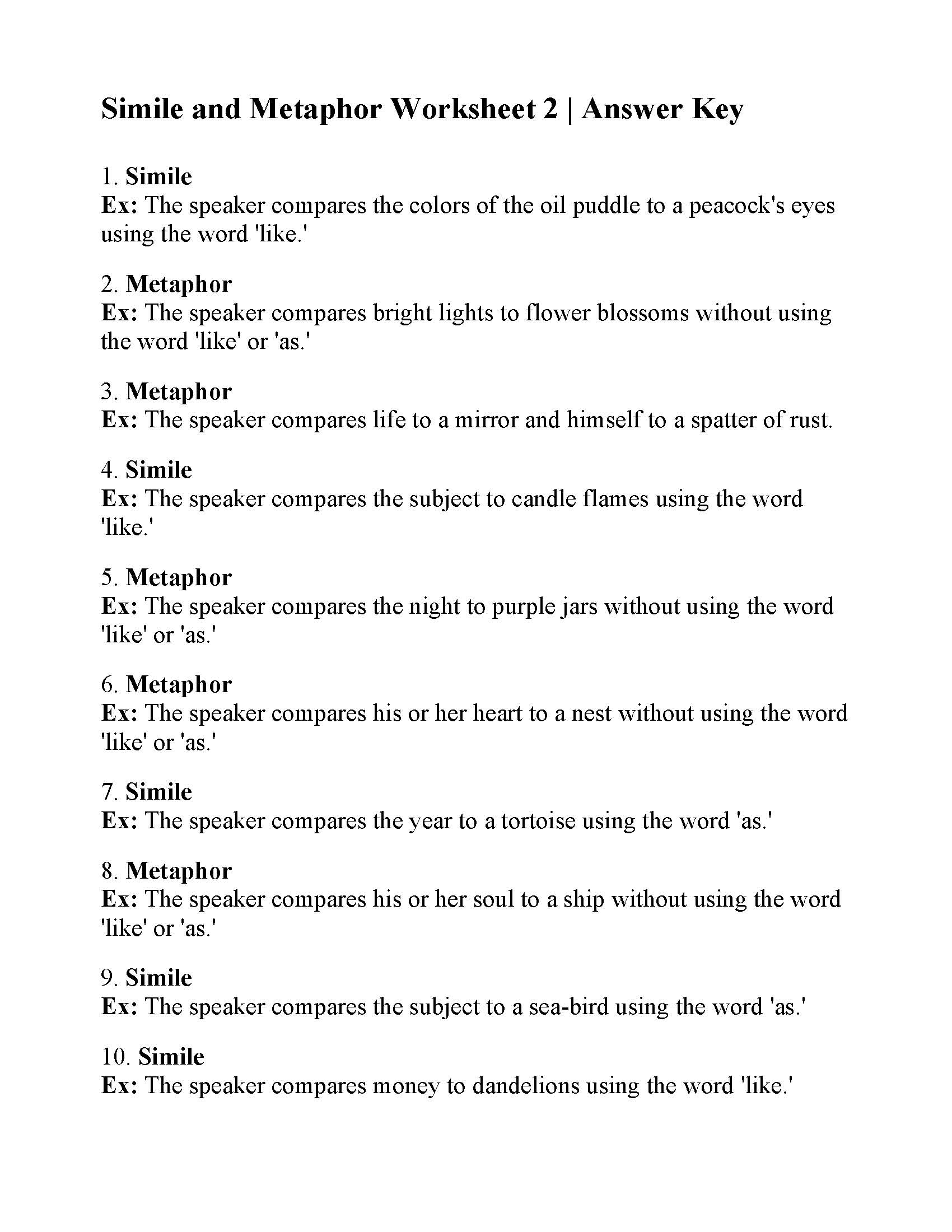 Simile And Metaphor Worksheet 2 Figurative Language Activity