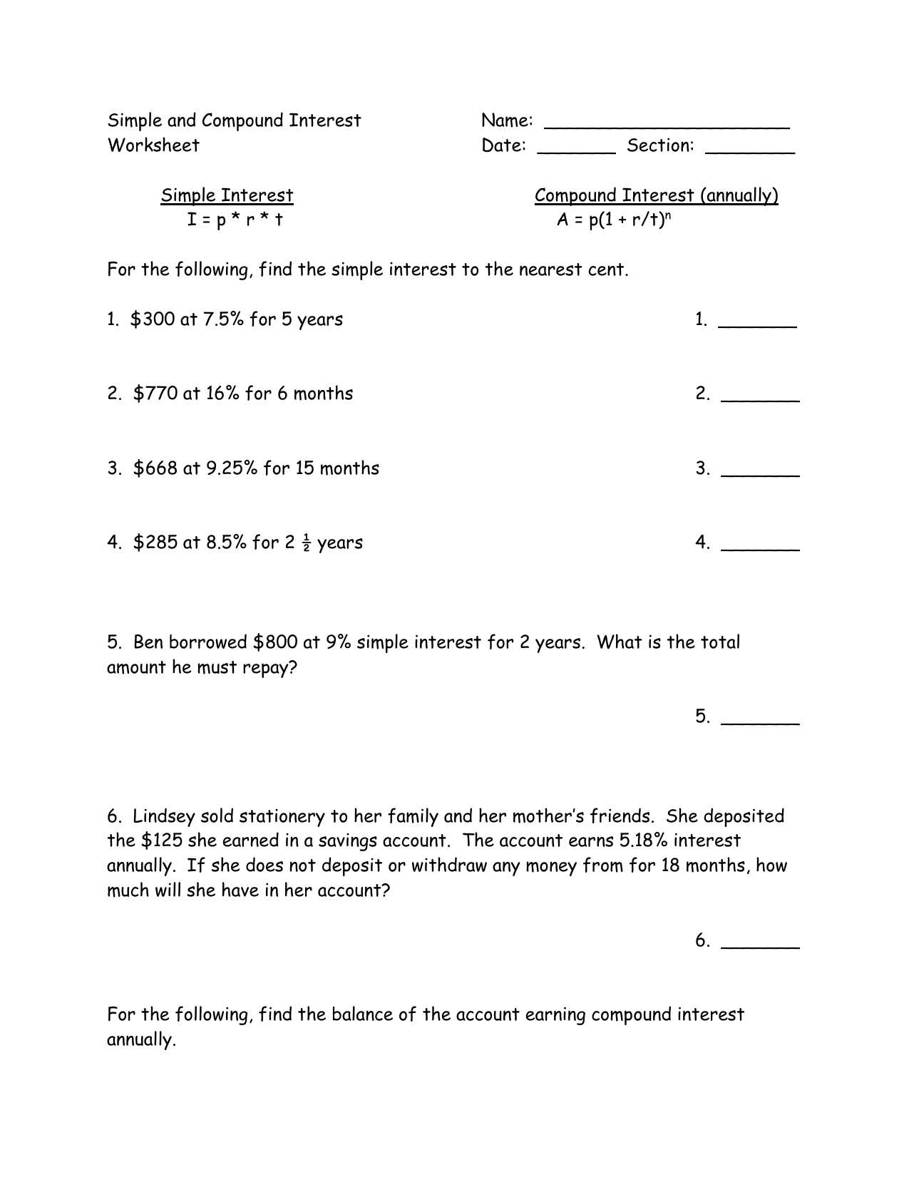 Simple Compound Interest Worksheet
