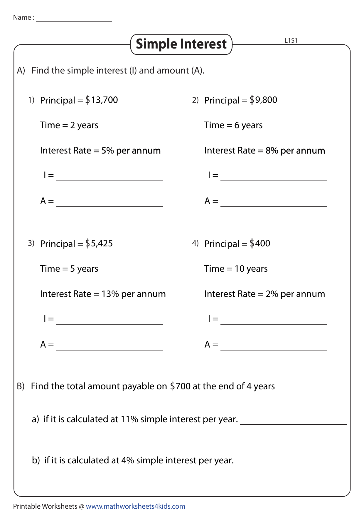 Simple Interest Math Worksheet Simple Interest Math Worksheet