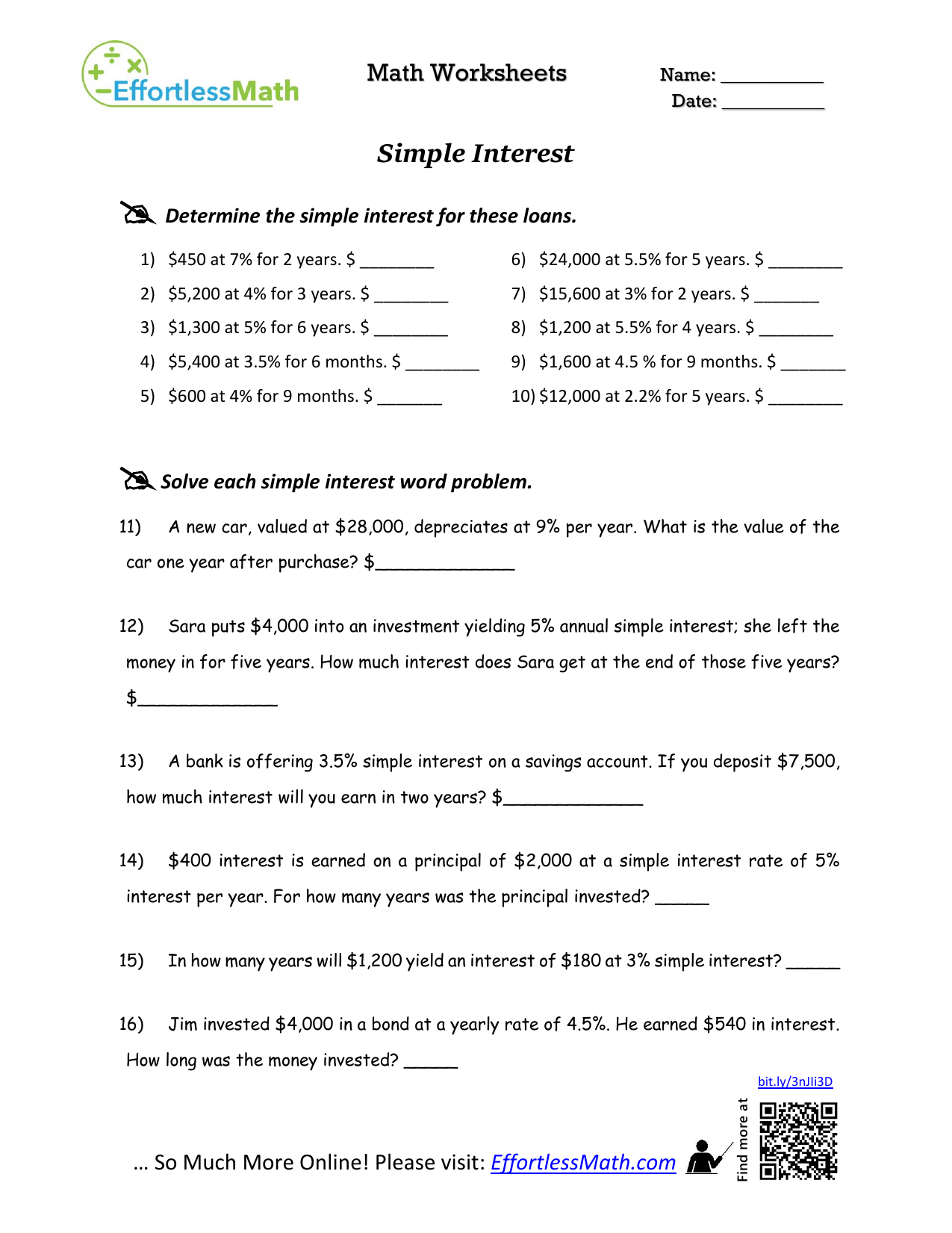 Simple Interest Worksheet Math Practice Problems Simple Interest Worksheet Math Practice Problems