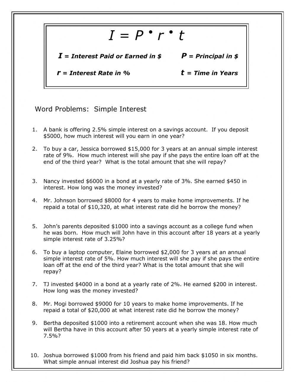 Simple Interest Worksheet Worksheets Library Simple Interest Worksheet Worksheets Library