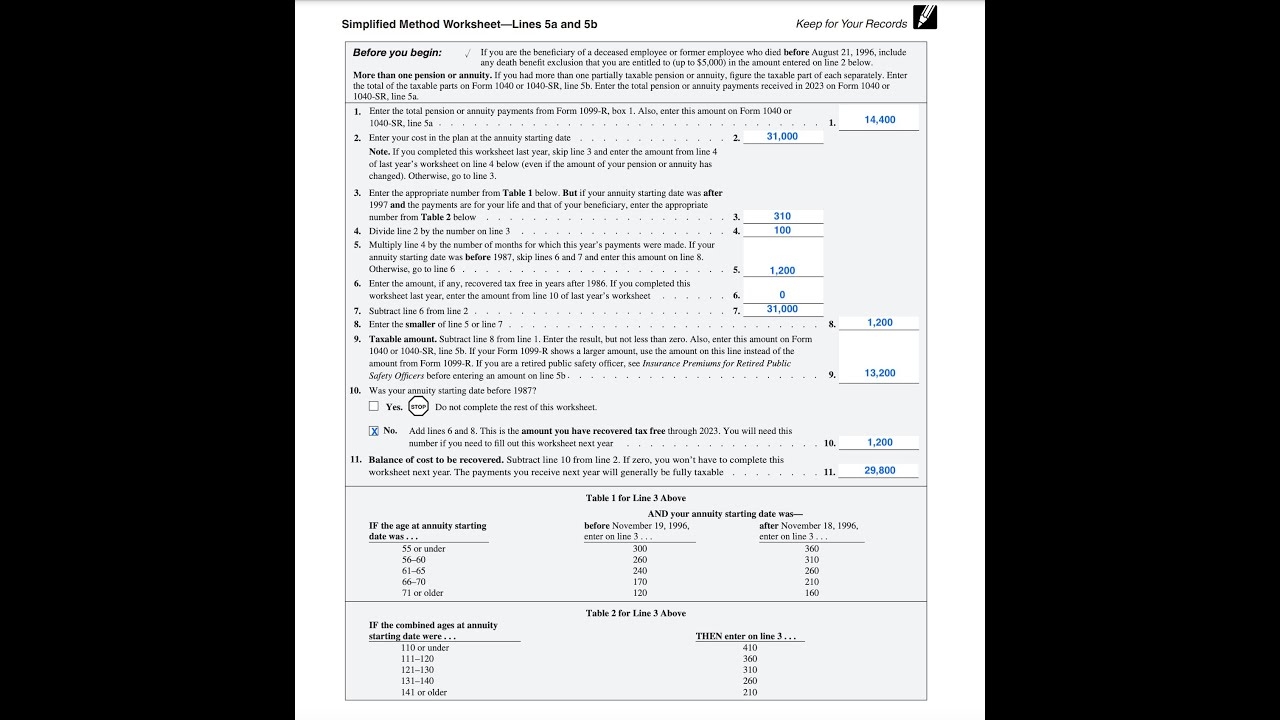 Simplified Method Worksheet Walkthrough IRS Form 1040 Lines 5a 5b YouTube Simplified Method Worksheet Walkthrough IRS Form 1040 Lines 5a 5b YouTube
