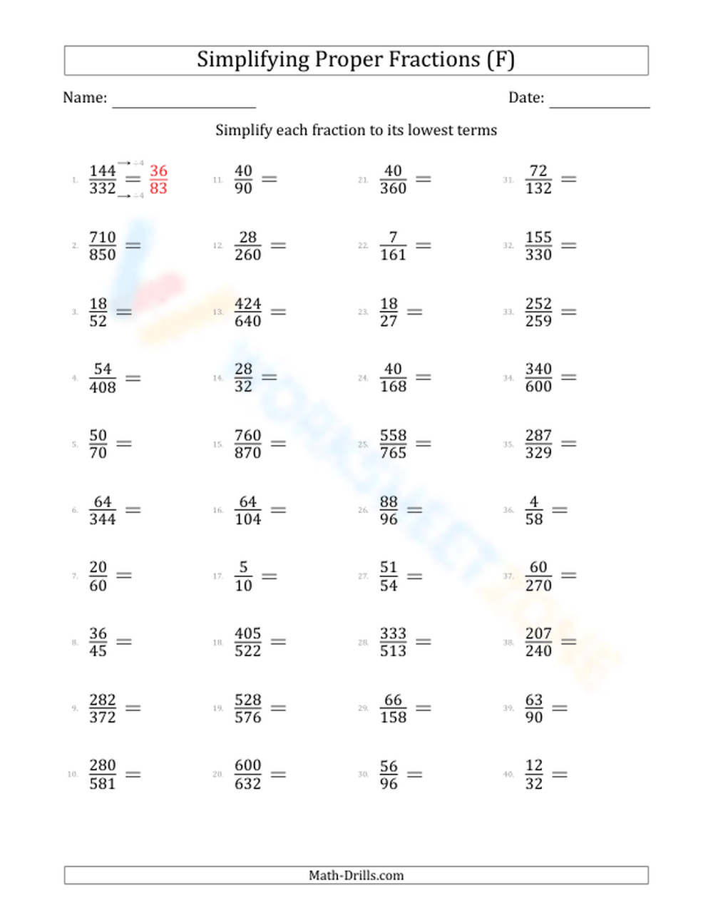 simplify fractions worksheet