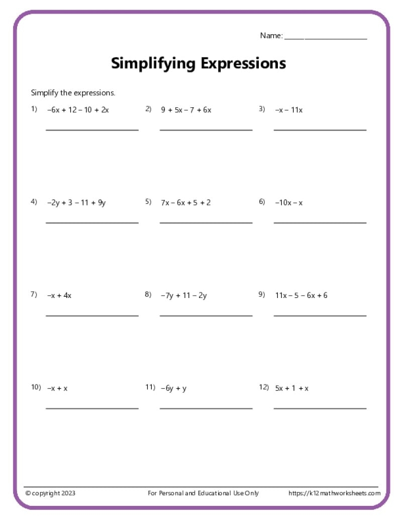 Simplifying Expressions Worksheets K12 Math Worksheets