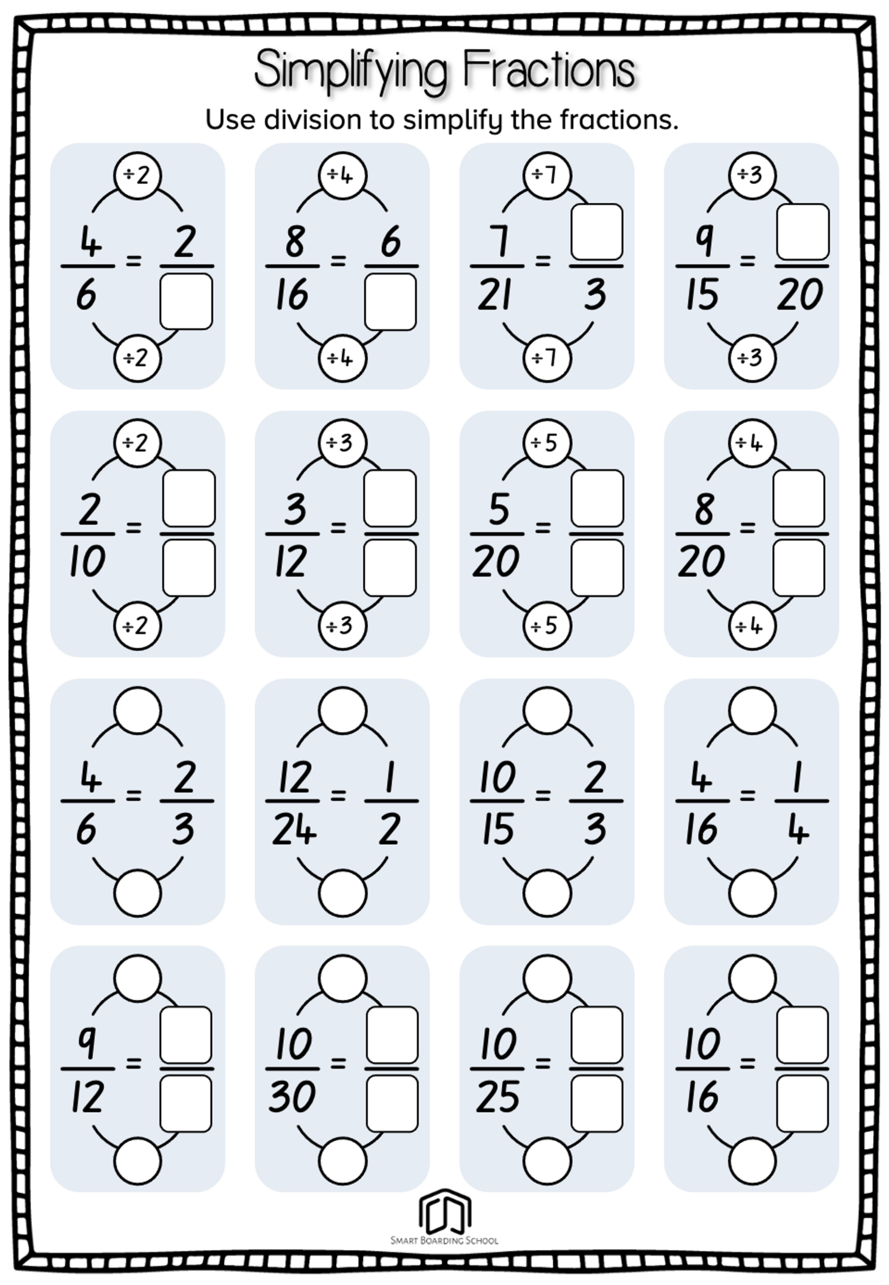 Simplifying Fractions Worksheet