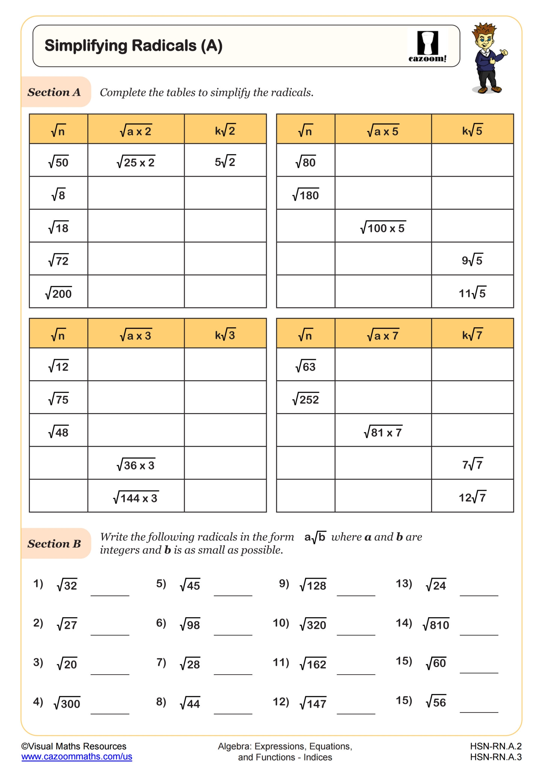 Simplifying Radicals A Worksheet PDF Printable Algebra Worksheet Cazoom Math Simplifying Radicals A Worksheet PDF Printable Algebra Worksheet Cazoom Math