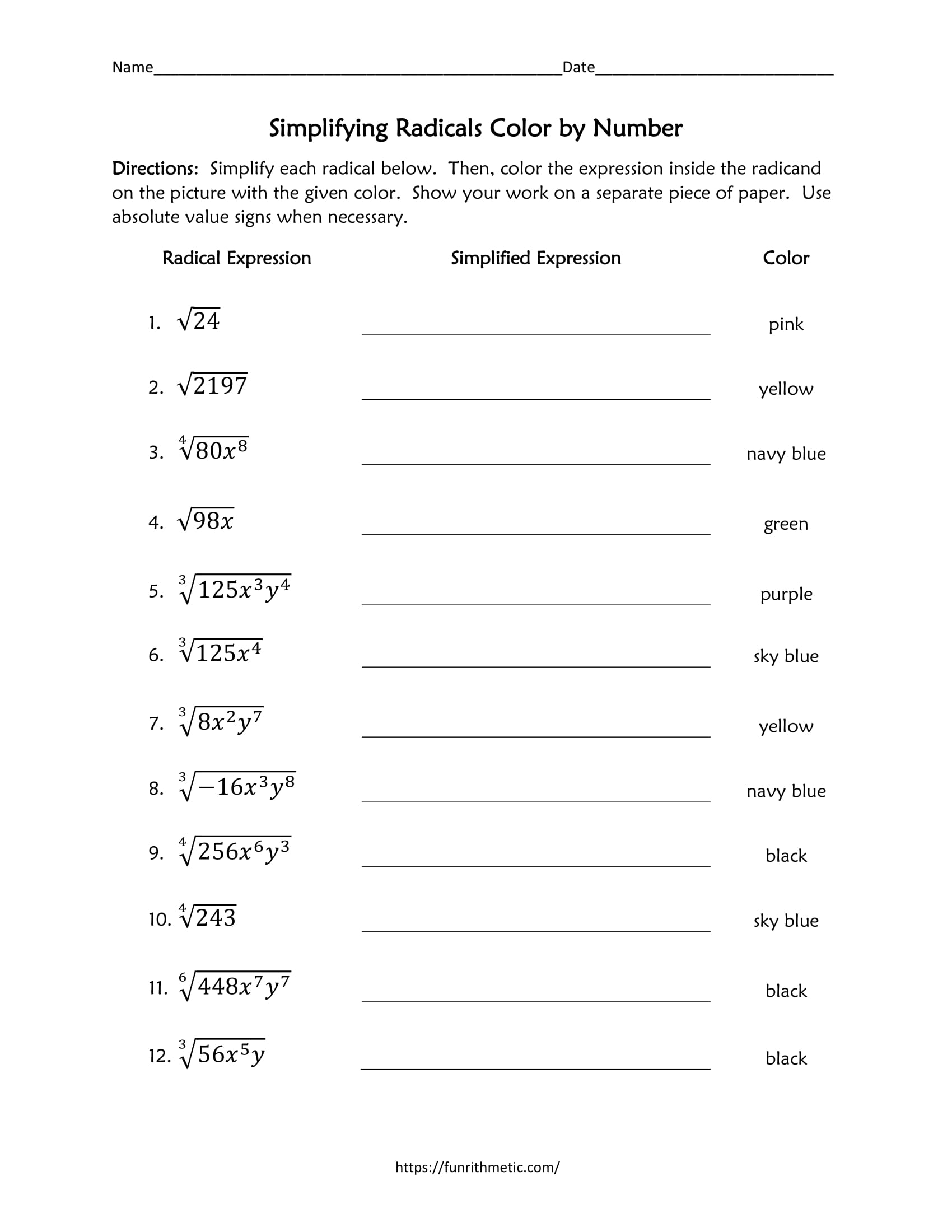 radical simplification worksheet