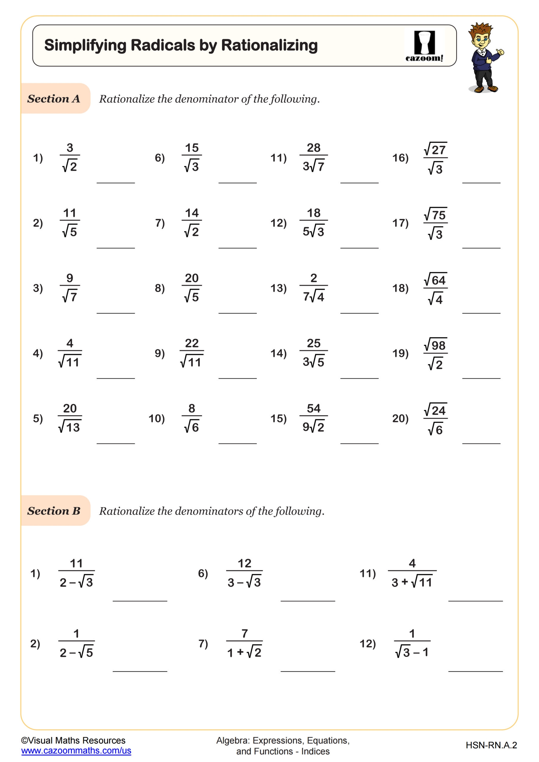Simplifying Radicals By Rationalizing Worksheet PDF Printable Algebra Worksheet Cazoom Math