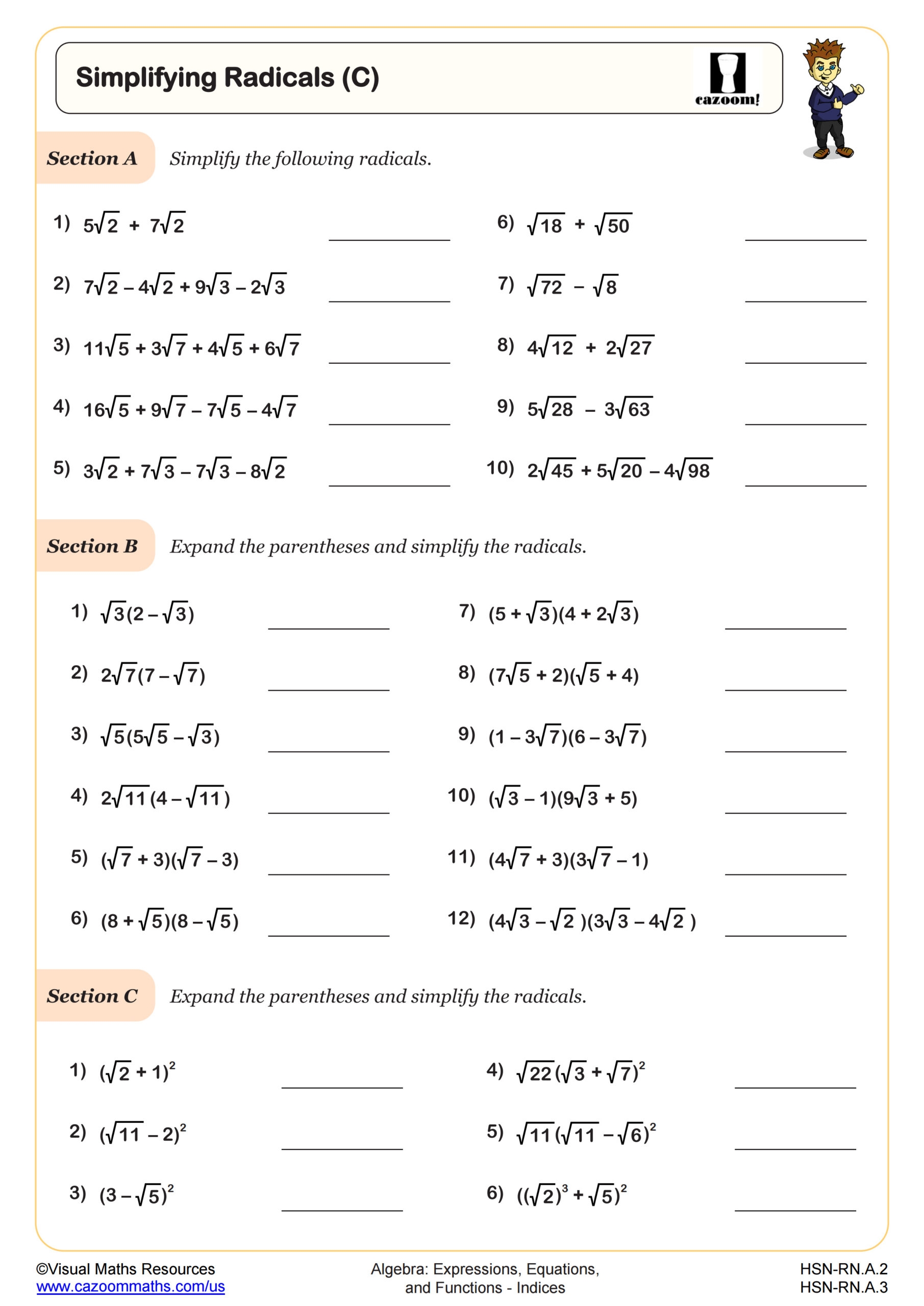 Simplifying Radicals C Worksheet Fun And Engaging Algebra I PDF Worksheets Cazoom Math