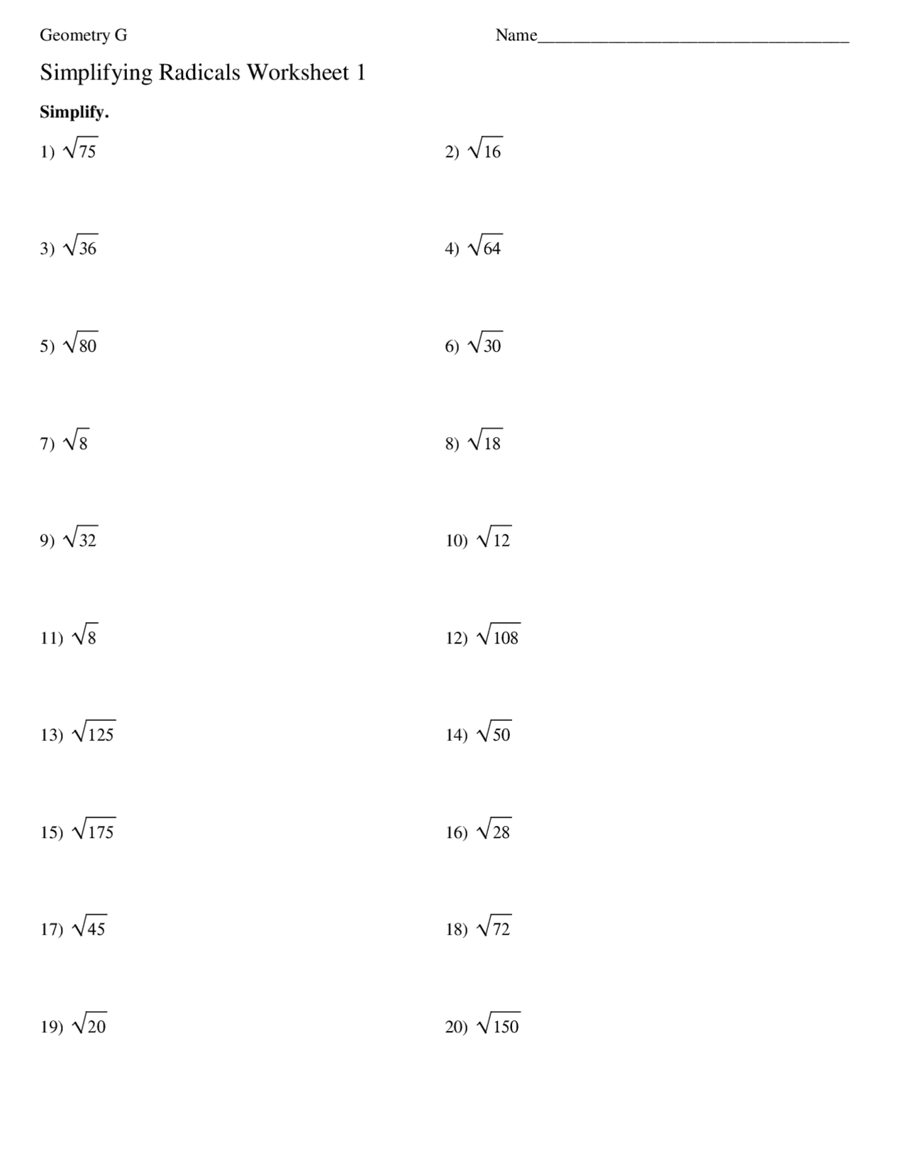 Simplifying Radicals Worksheet 1 Study Notes Geometry Docsity