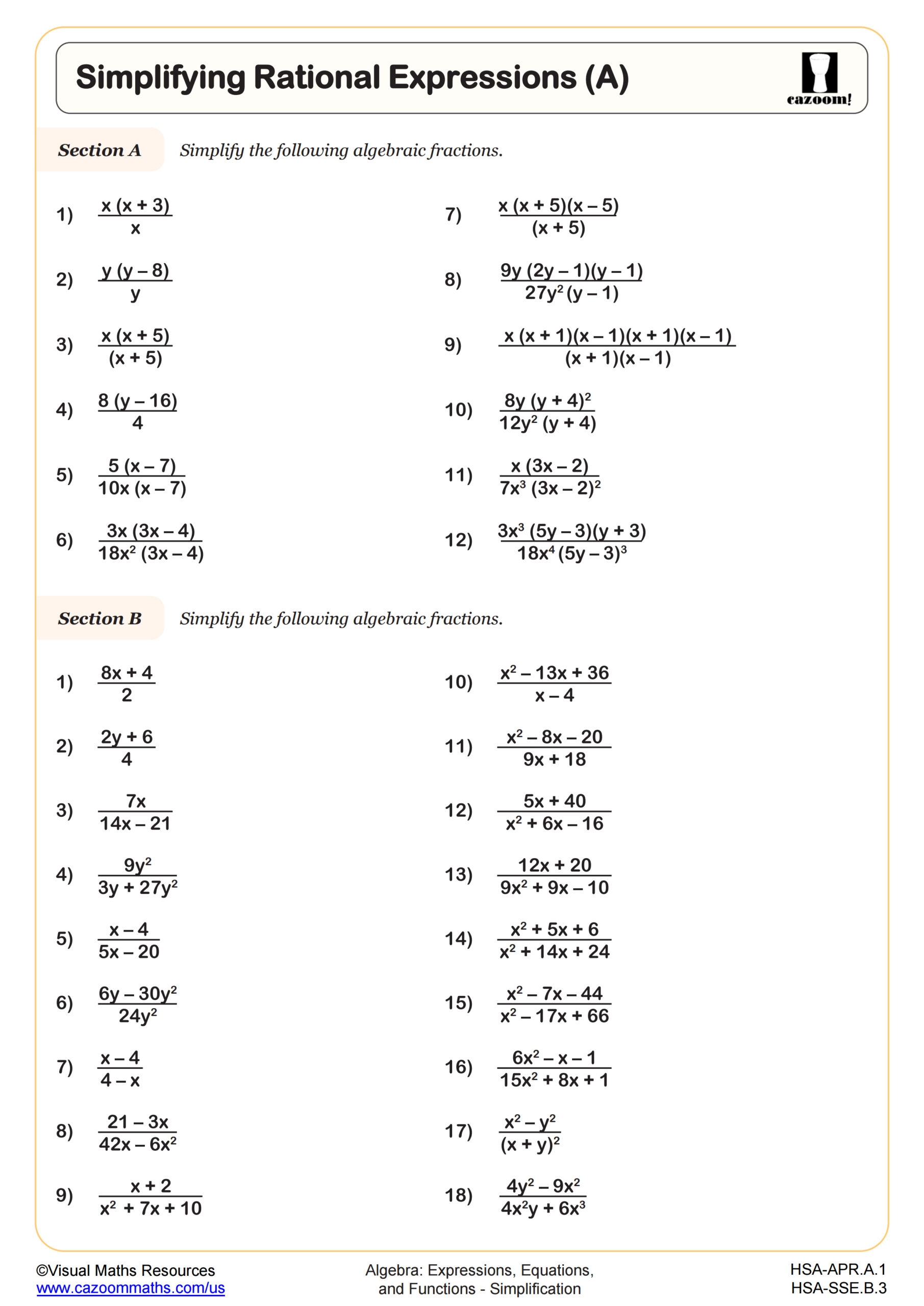 Simplifying Rational Expressions A Worksheet Algebra II PDF Worksheets Cazoom Math
