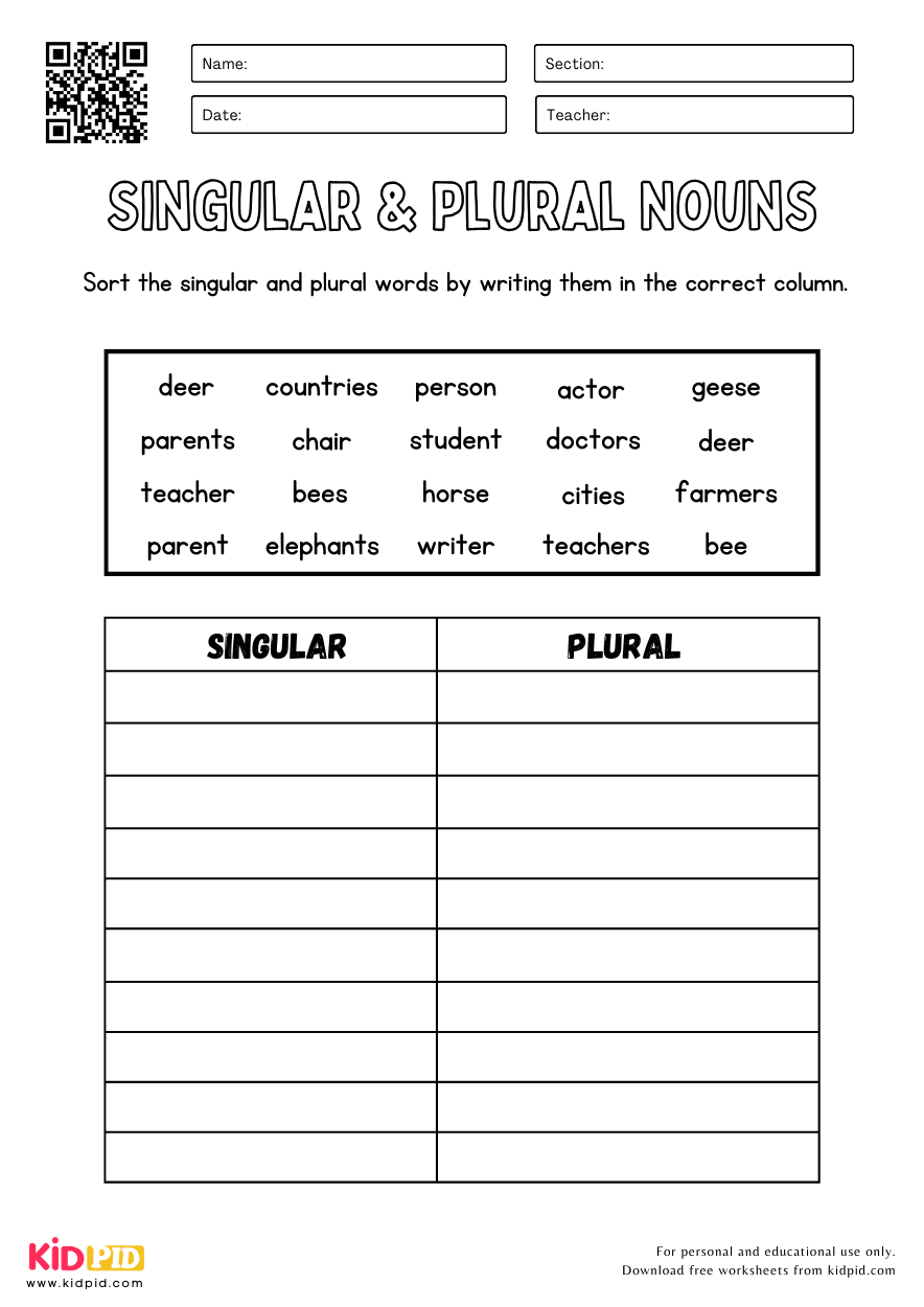 Singular Plural Nouns Sorting Worksheet Kidpid