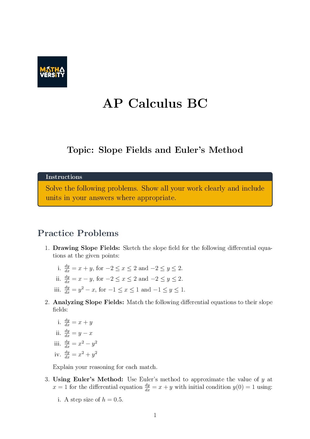 Slope Fields And Euler s Method AP Calculus BC Free Worksheet Practice Problems Mathaversity Tutors