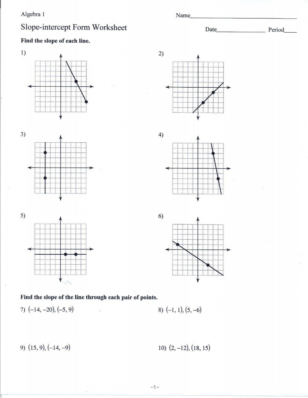 Slope intercept Form Worksheet Date Period
