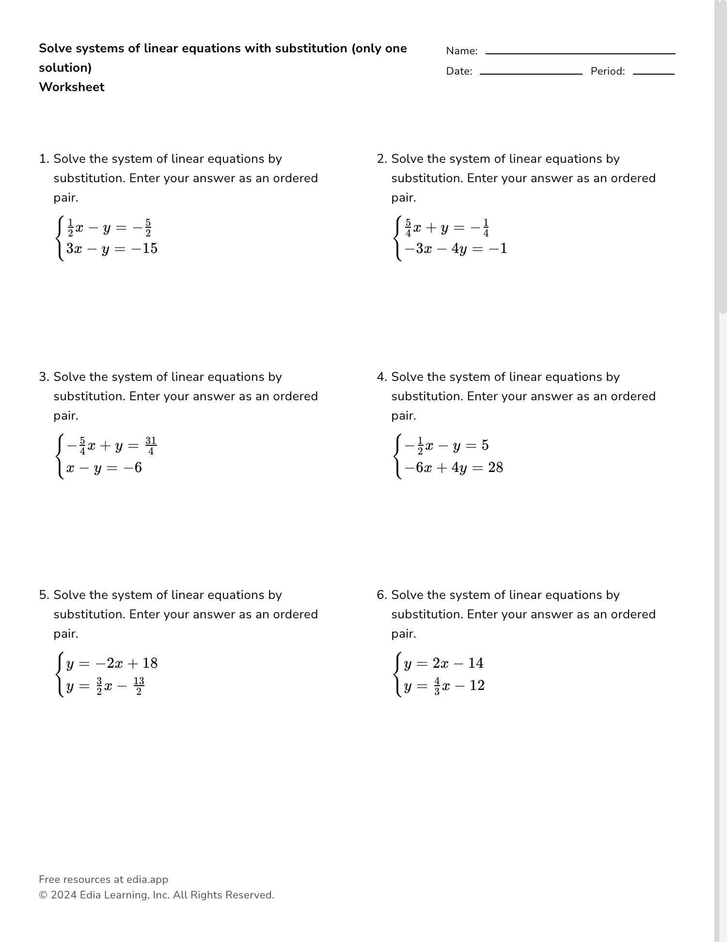 Solve Systems Of Linear Equations With Substitution only One Solution Worksheet