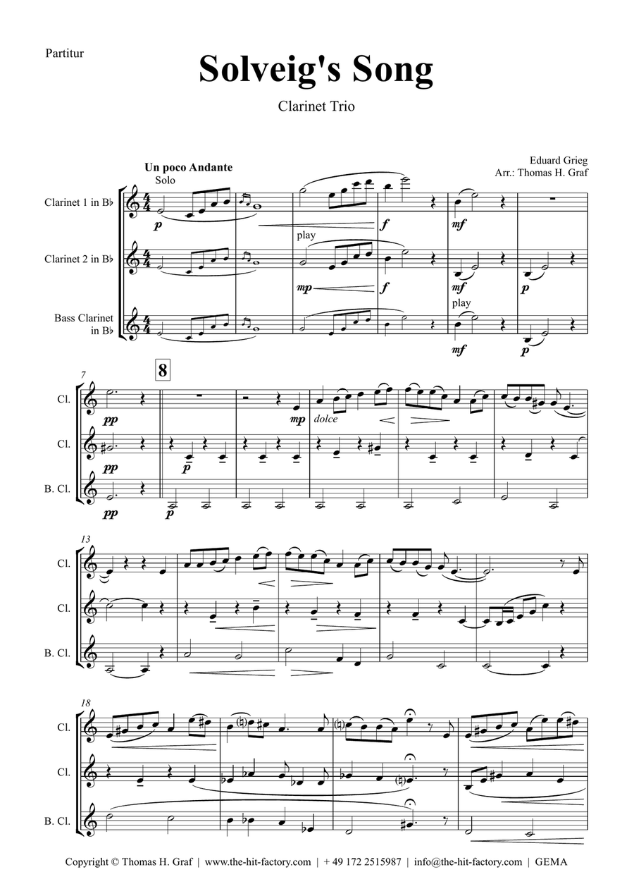 Solveig s Song From Peer Gynt Suite Clarinet Trio By Edvard Grieg Clarinet Clarinet Trio Woodwind Trio Intermediate Digital Sheet Music Sheet Music Plus