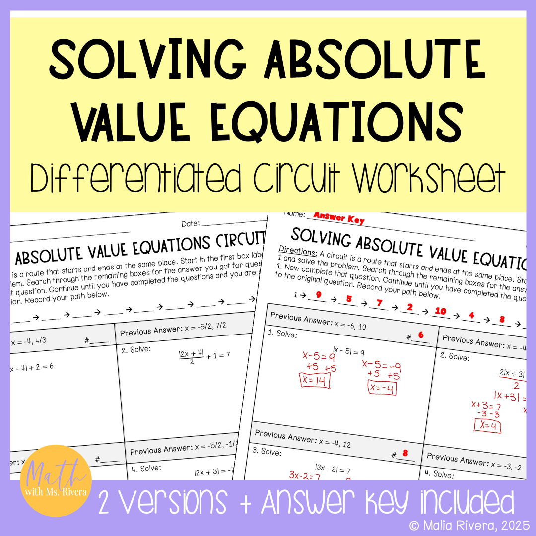 Solving Absolute Value Equations Differentiated Circuit Worksheet Algebra 2 Maila Rivera Math With Ms Rivera High School Math Resources