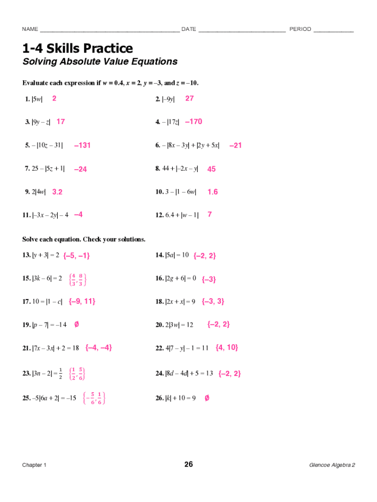 Solving Absolute Value Equations Practice Worksheet Fill Online Printable Fillable Blank PdfFiller