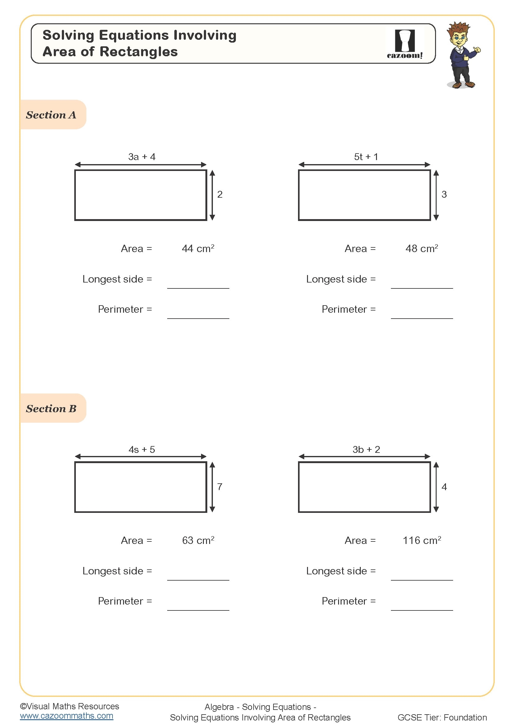 Solving Equations Involving Area Of Rectangles Worksheet Cazoom Maths Worksheets
