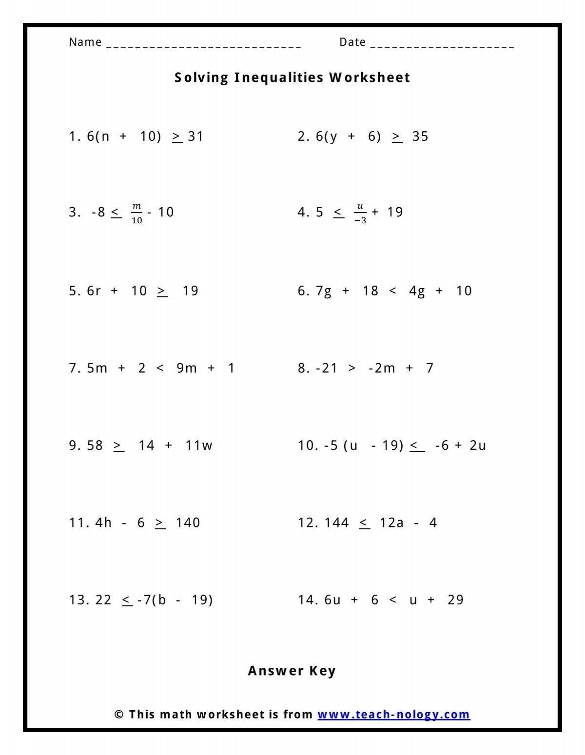 Solving Inequalities Worksheet Teach nology