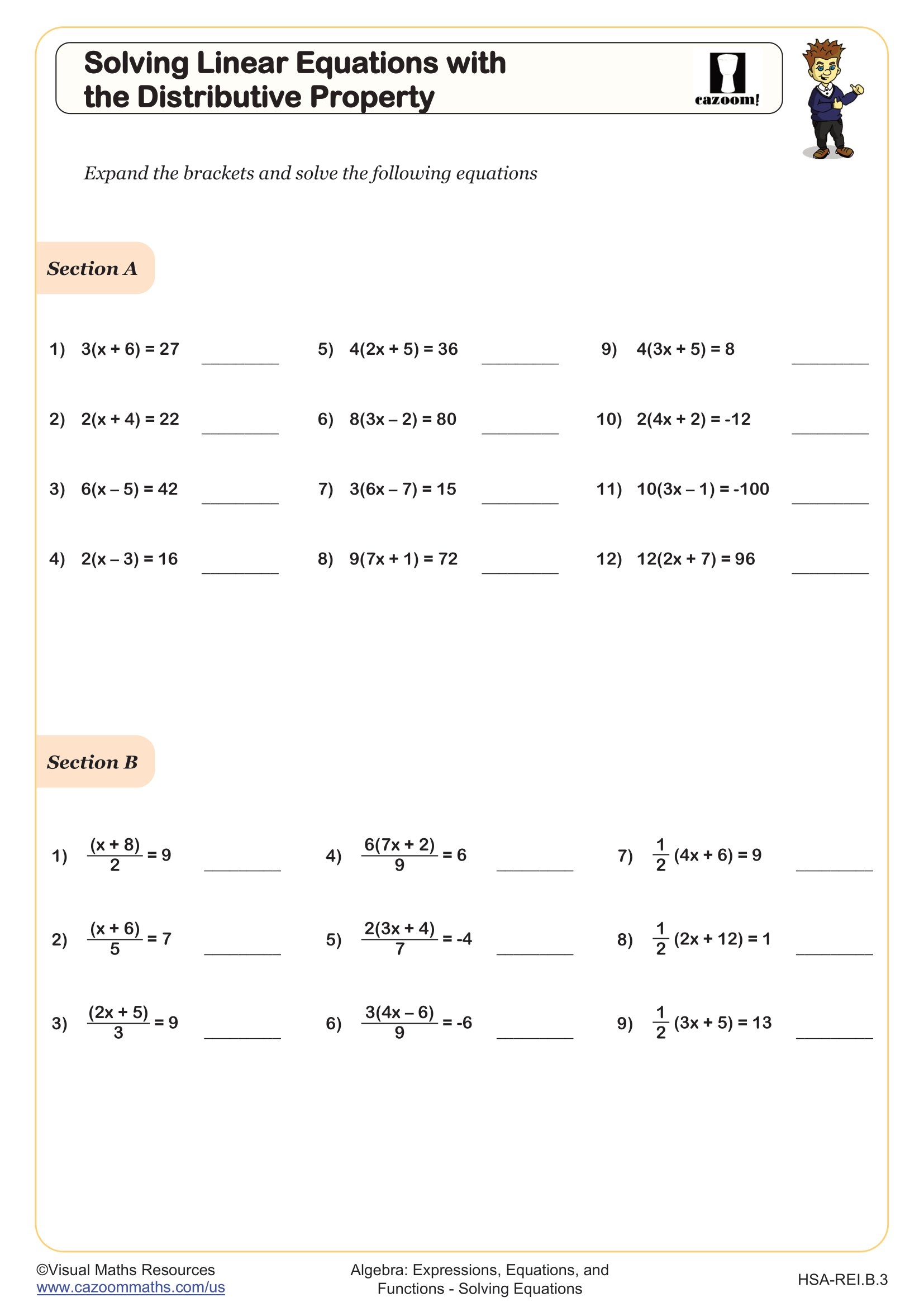 Solving Linear Equations With The Distributive Property Worksheet PDF Printable Algebra Worksheet Cazoom Math