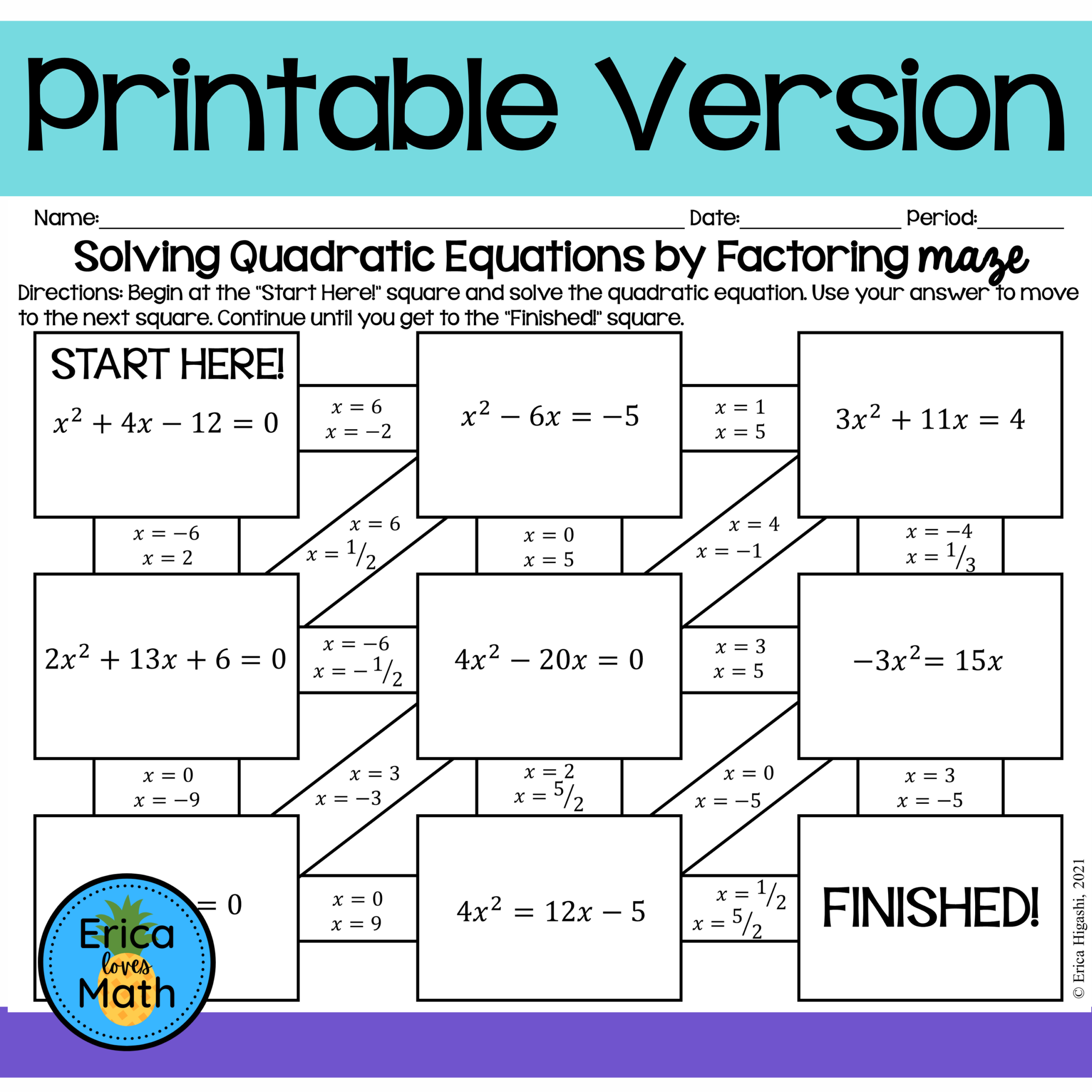 Solving Quadratic Equations By Factoring Activity Printable Digital Maze Classful