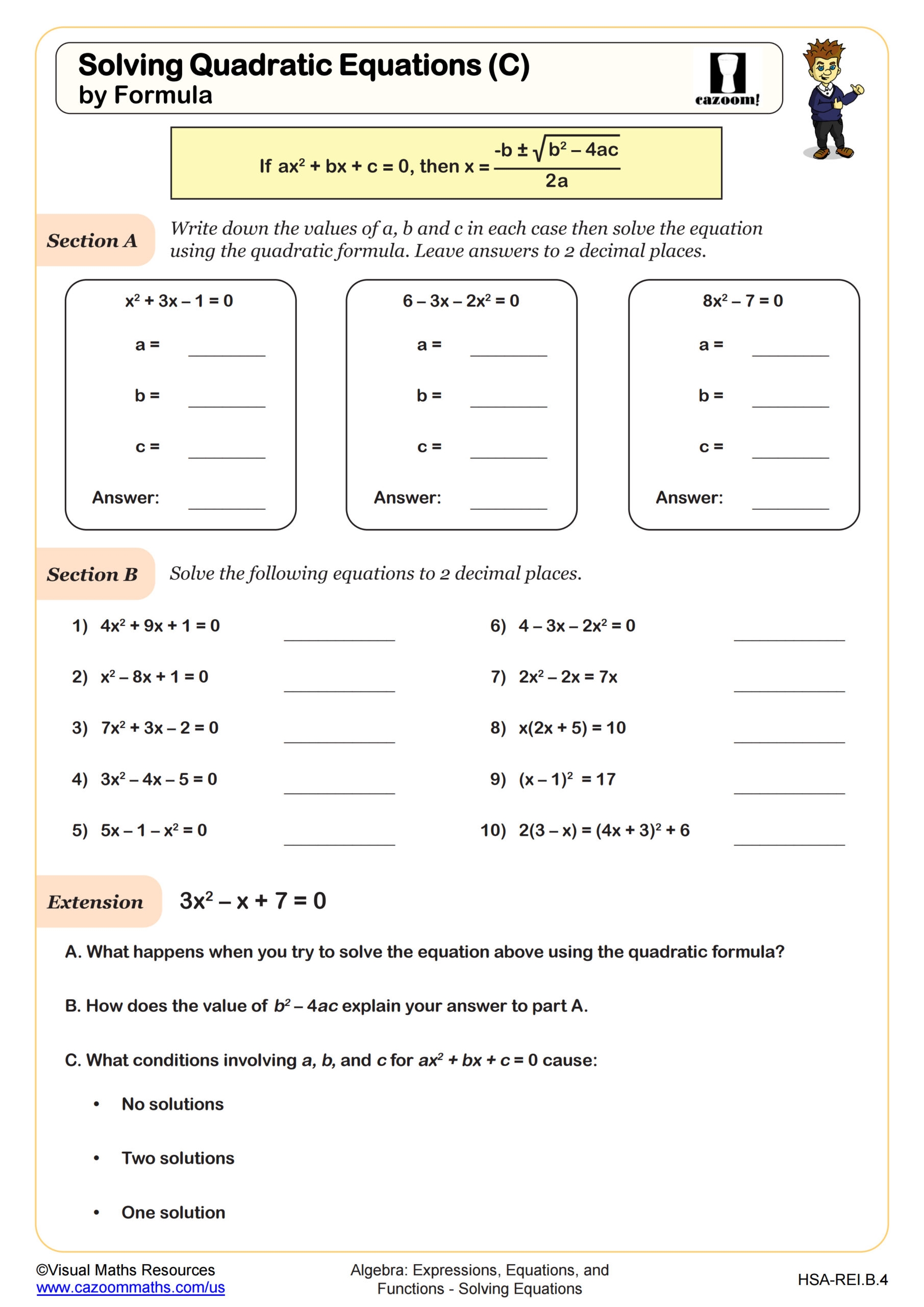 Solving Quadratic Equations C By Quadratic Formula Worksheet PDF Printable Algebra Worksheet Cazoom Math