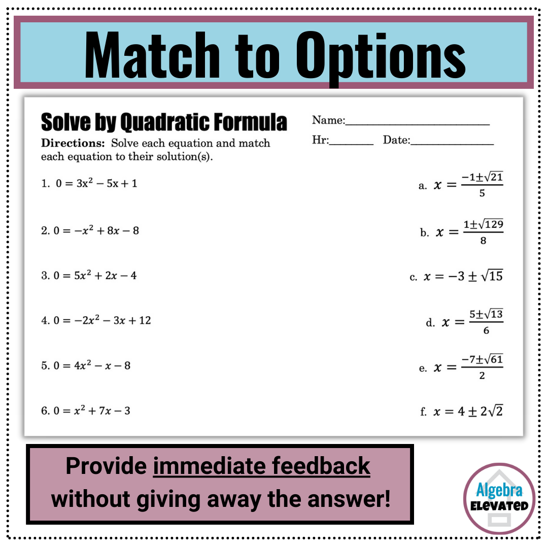 Solving Quadratic Equations Using The Quadratic Formula Matching Worksheet Made By Teachers