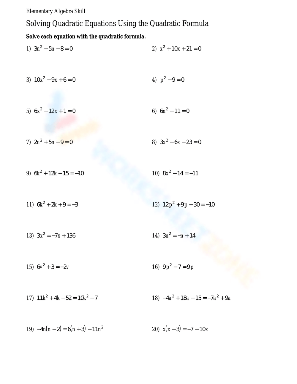 quadratic formula worksheet