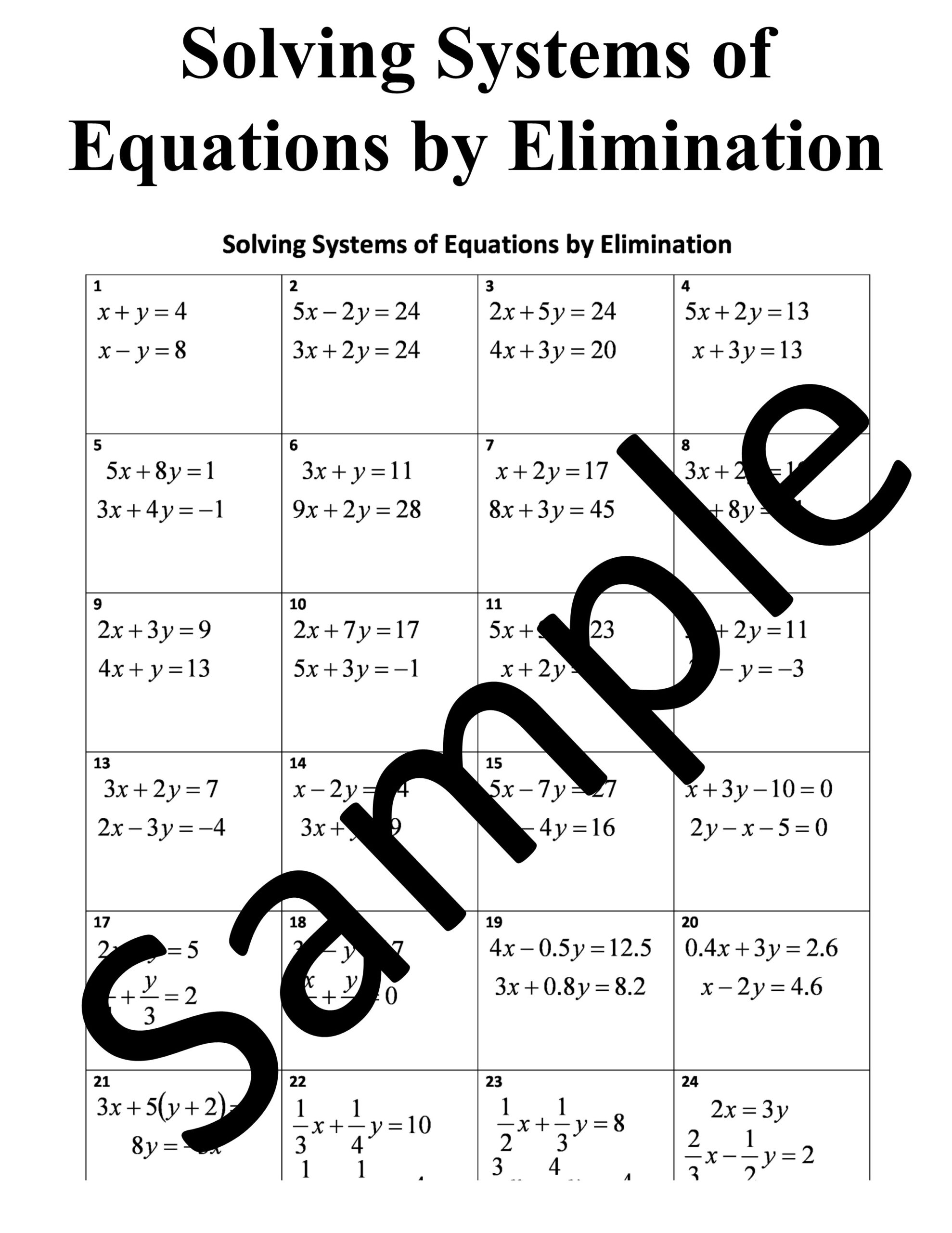 Solving Systems Of Equations By Elimination Worksheet Teaching Resources