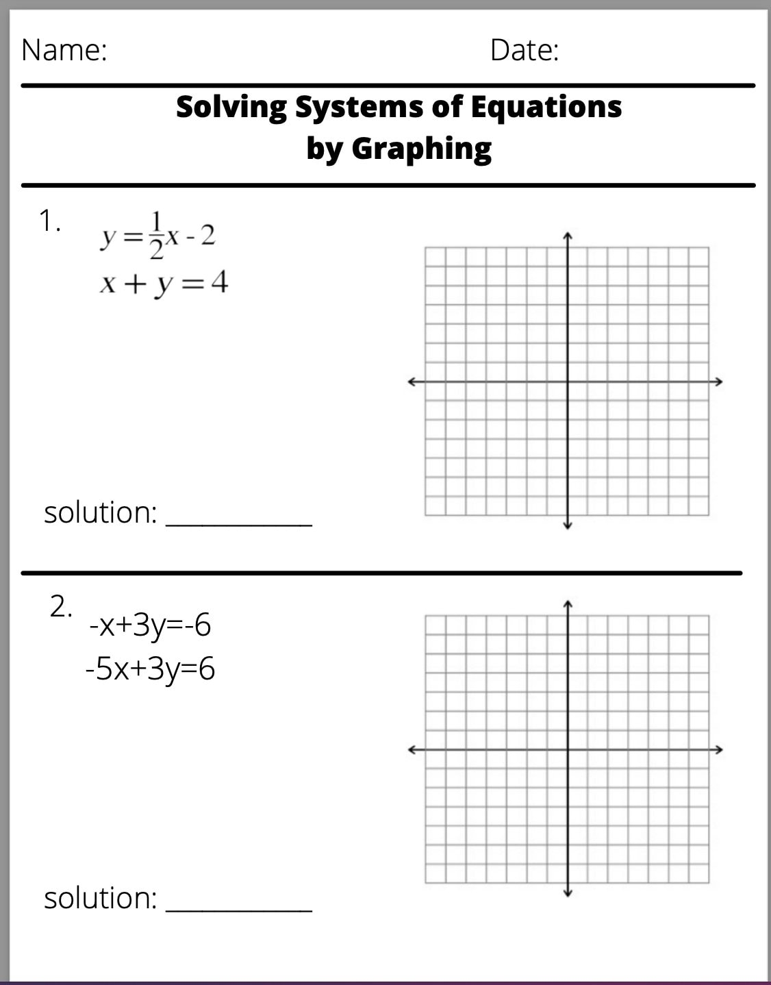 Solving Systems Of Equations By Graphing Worksheet Etsy New Zealand