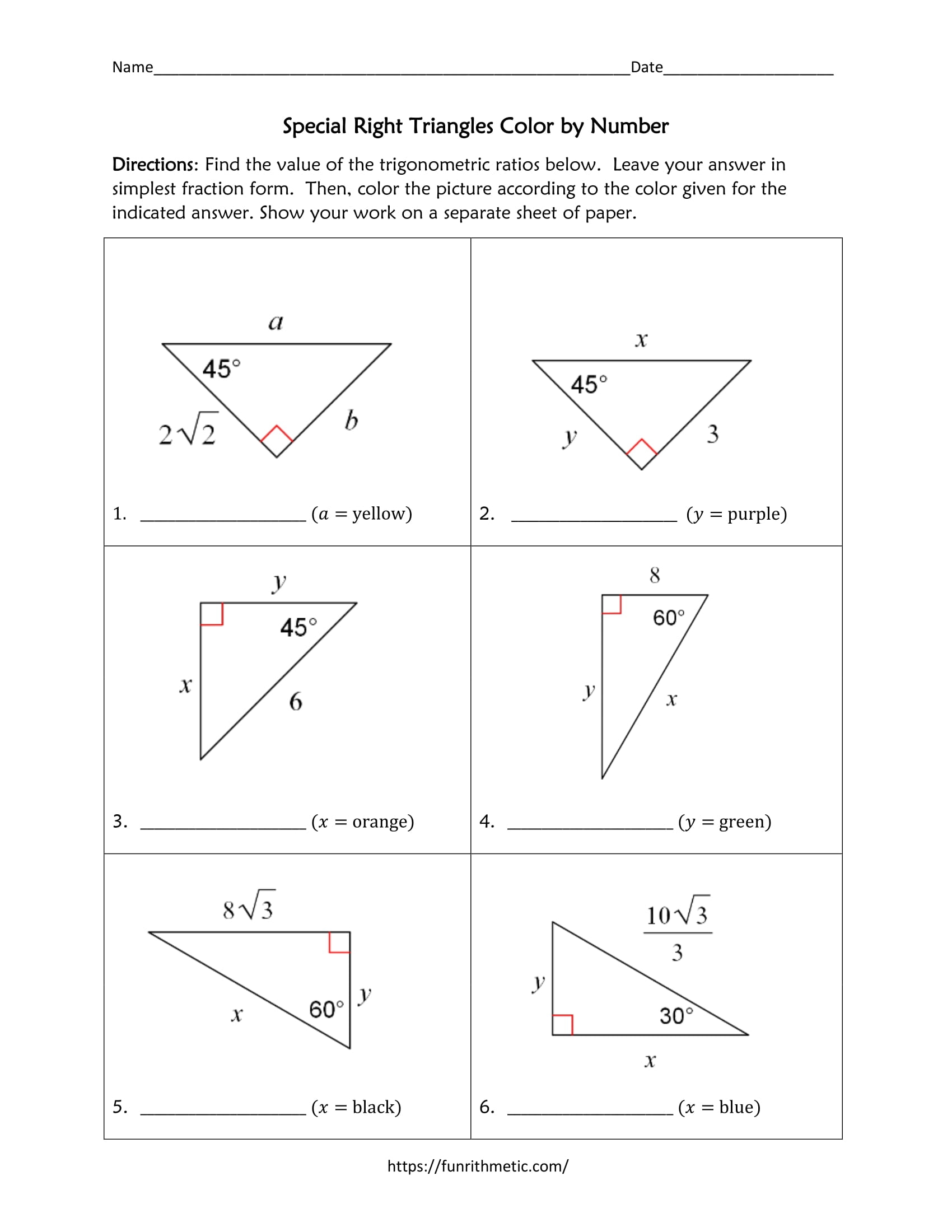 Special Right Triangles Color By Number Funrithmetic Special Right Triangles Color By Number Funrithmetic