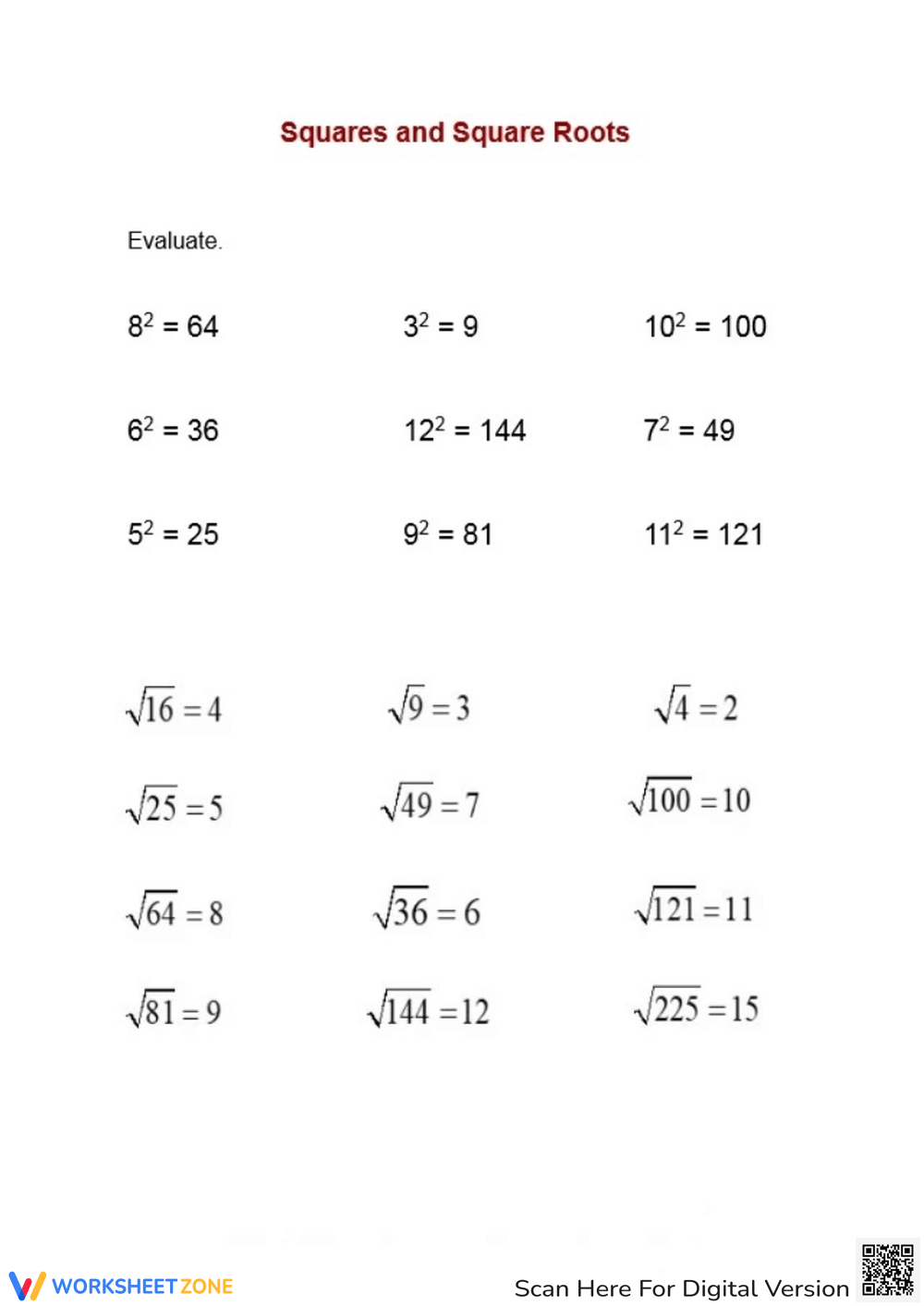 Square Roots Worksheets
