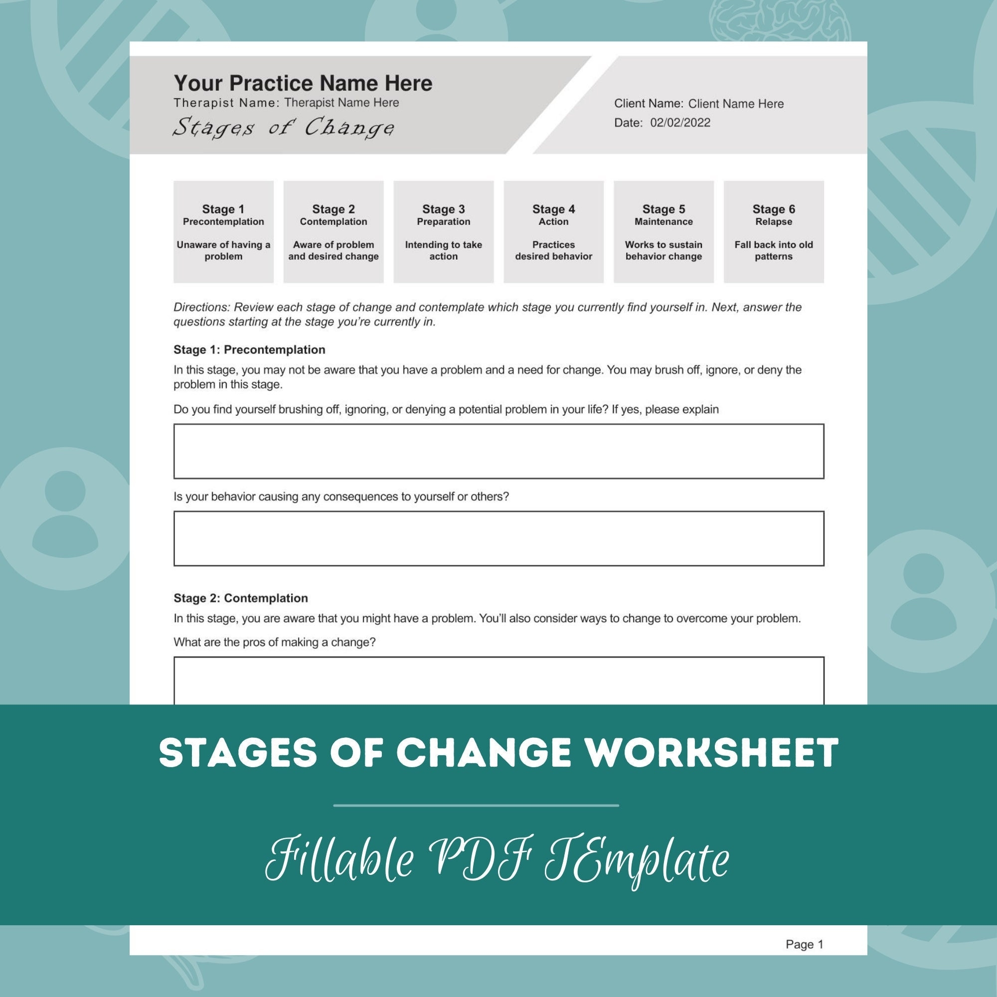 Stages Of Change Worksheet Editable Fillable PDF Template For Counselors Psychologists Therapists Etsy