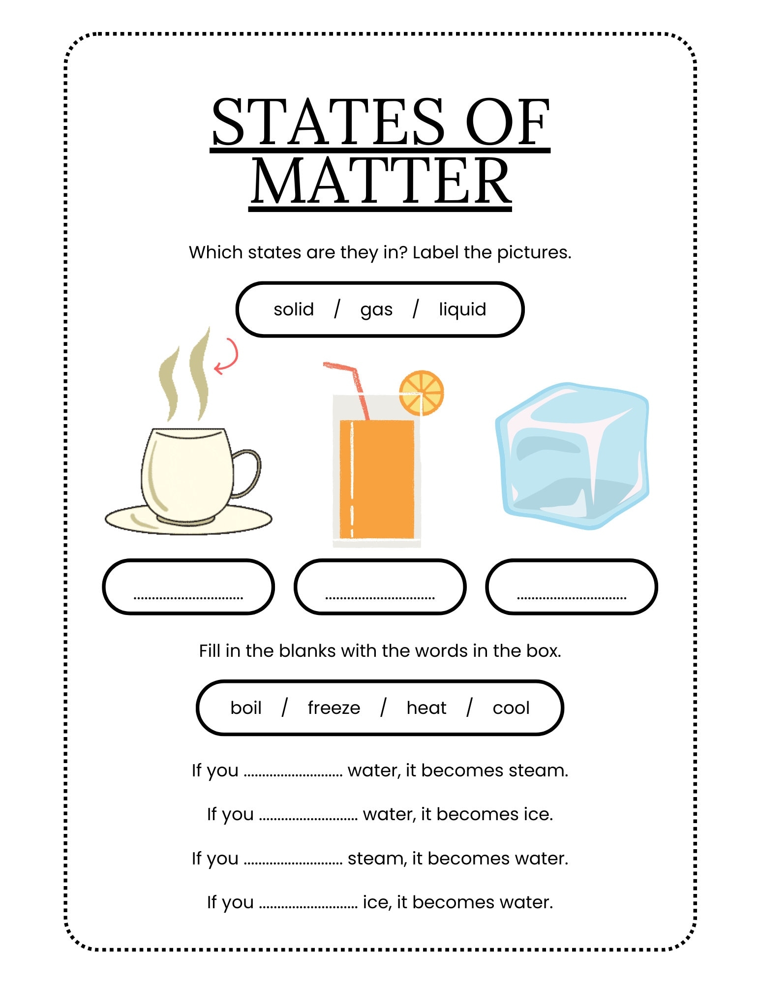 States Of Matter Worksheet For Science Class Elementary Level Science Worksheet Etsy Israel