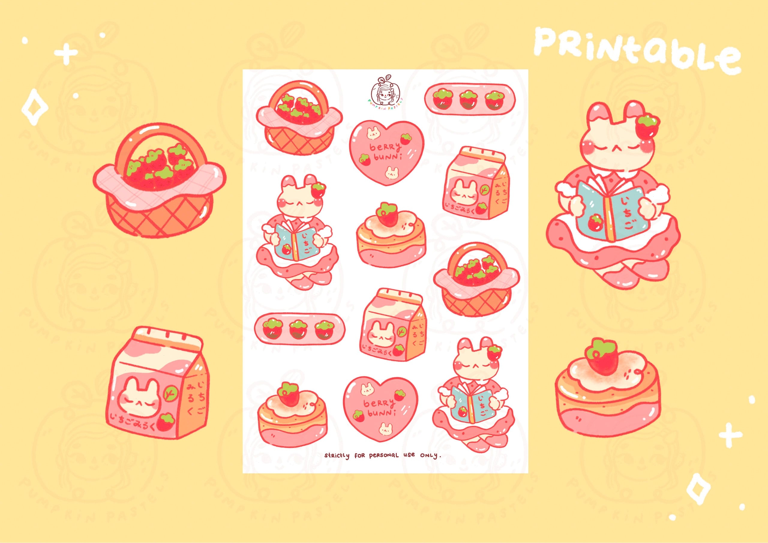 Strawberry Bunny part Two Sticker Sheet Printable DIGITAL File Printable Stickers Cute Planner Stickers Journal Kawaii Stickers Etsy