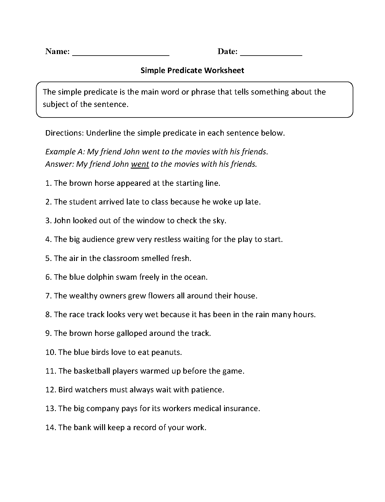 Subject And Predicate Worksheets Simple Predicate Worksheet