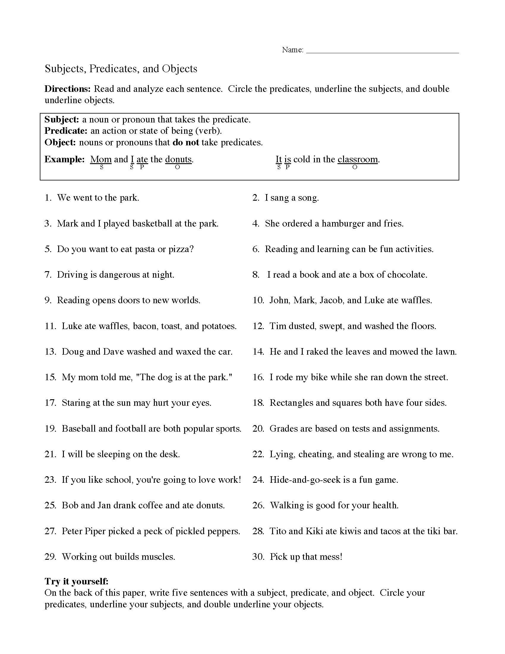 subject and predicate worksheet