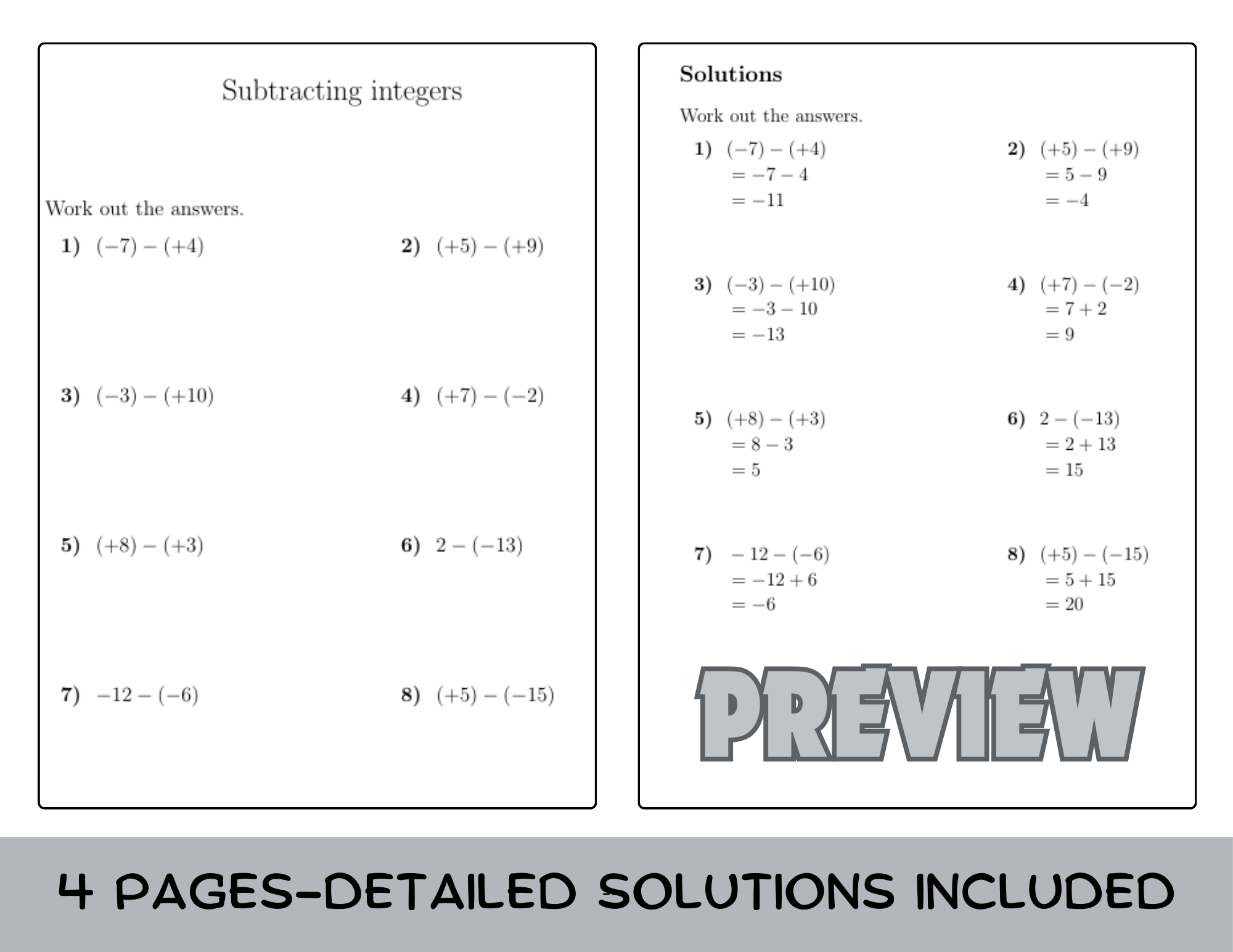 Subtracting Integers Worksheet with Solutions Teaching Resources