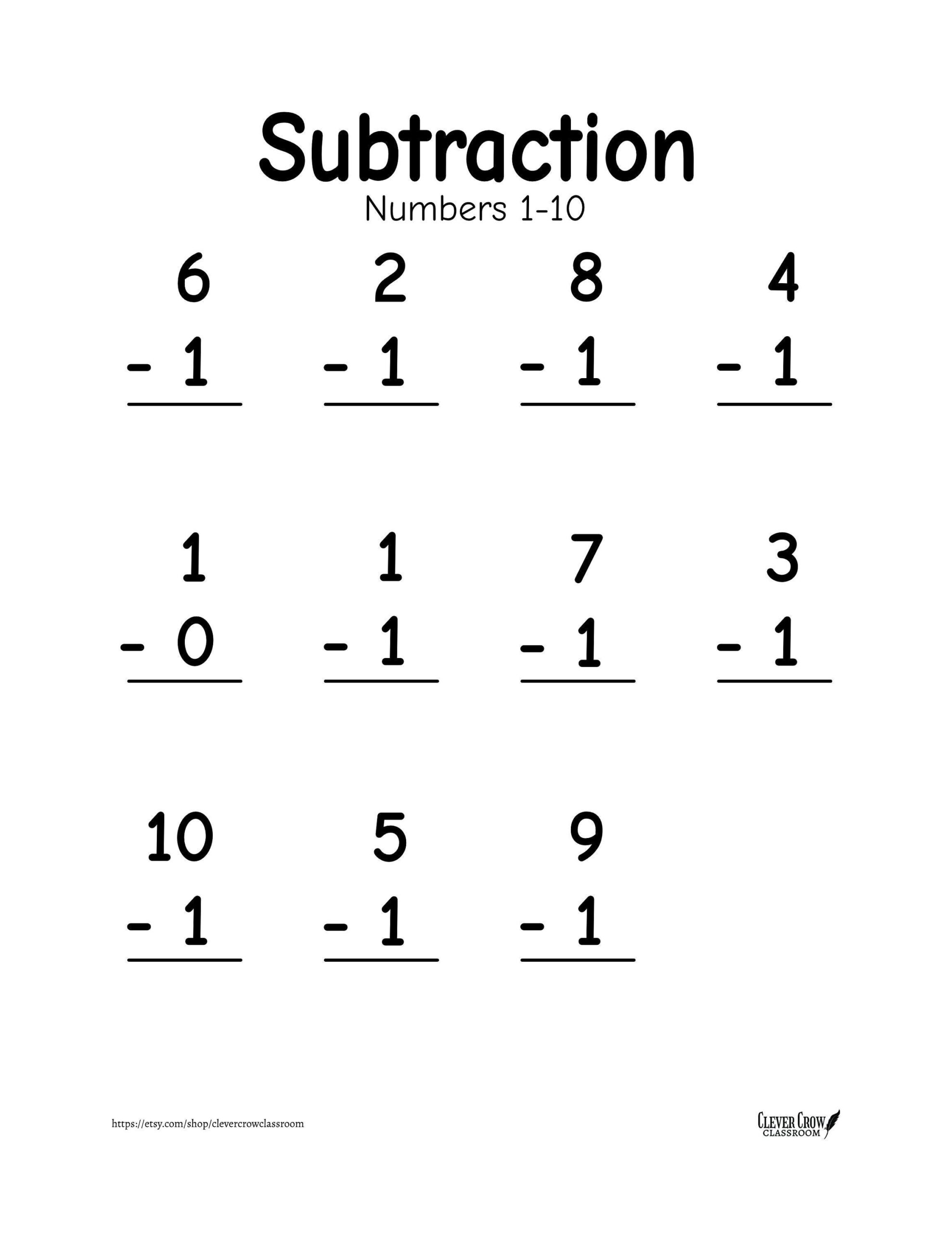 Subtraction Worksheets Numbers 1 10 Vertical Horizontal digital Download Etsy Norway