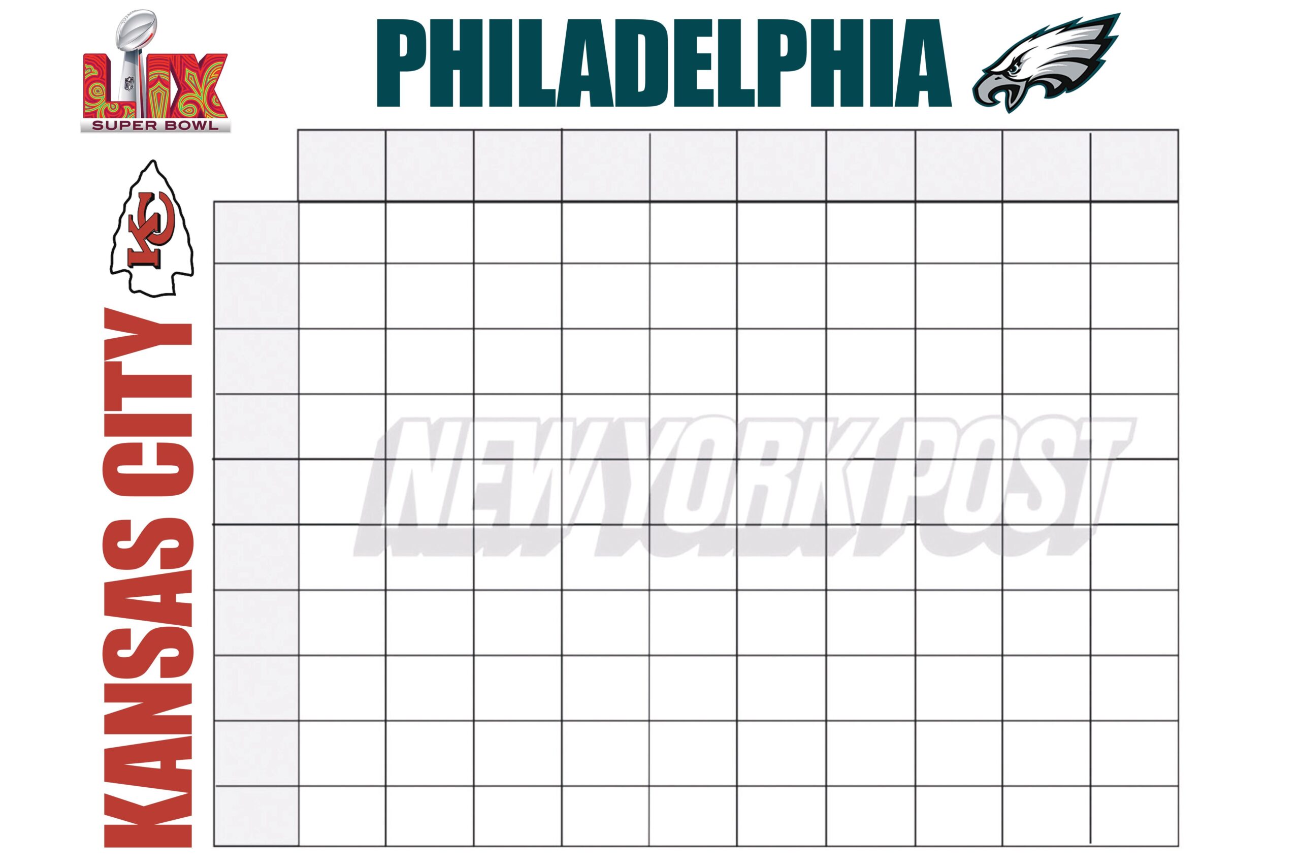 Super Bowl 2025 Squares Printable Boxes Template For Chiefs Vs Eagles New York Post