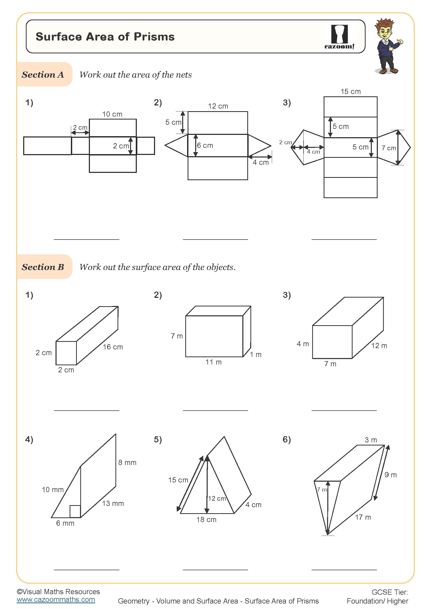 Surface Area Of Prisms Worksheet Printable Maths Worksheets