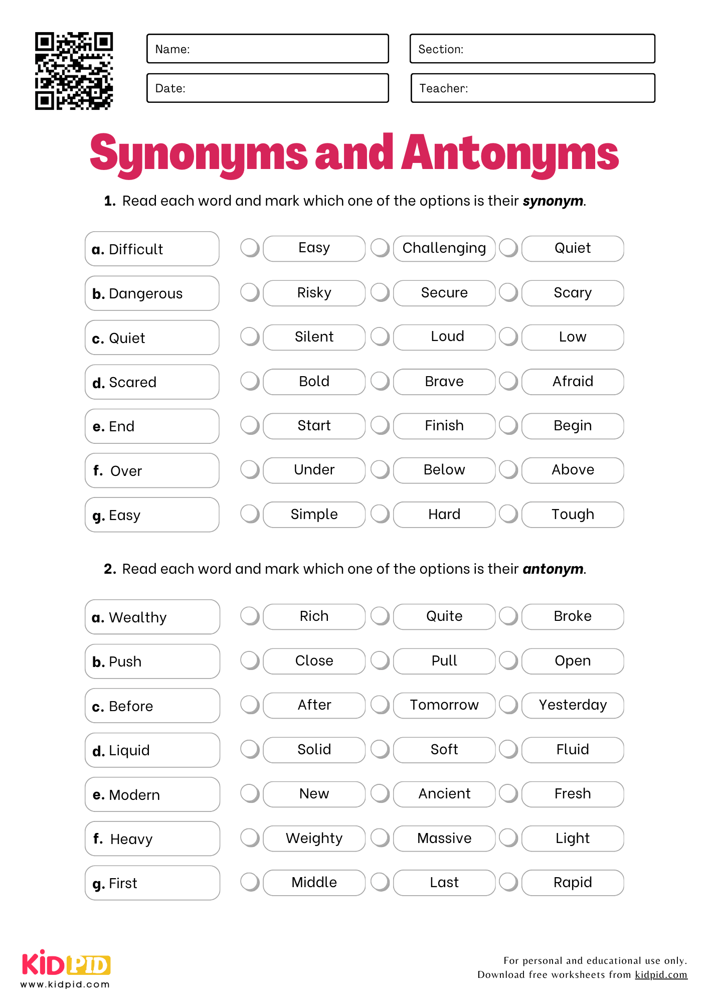 Synonyms And Antonyms Worksheet For Grade 2 Kidpid