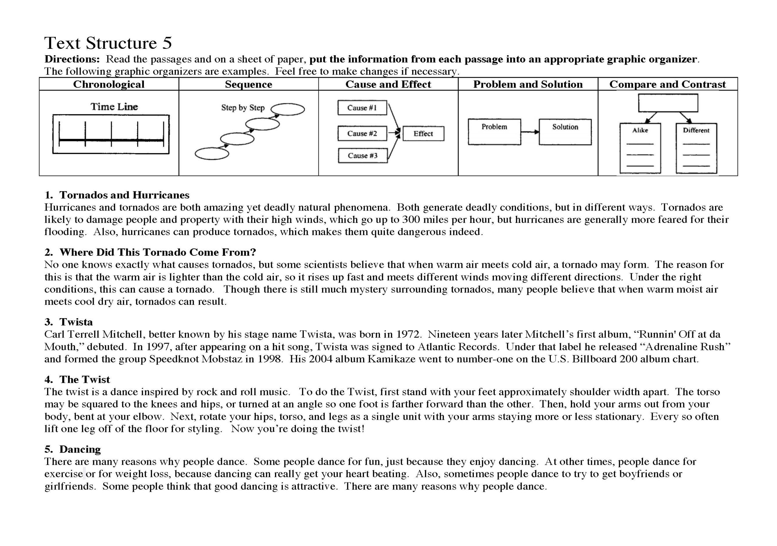 Text Structure Worksheet 5 Reading Activity